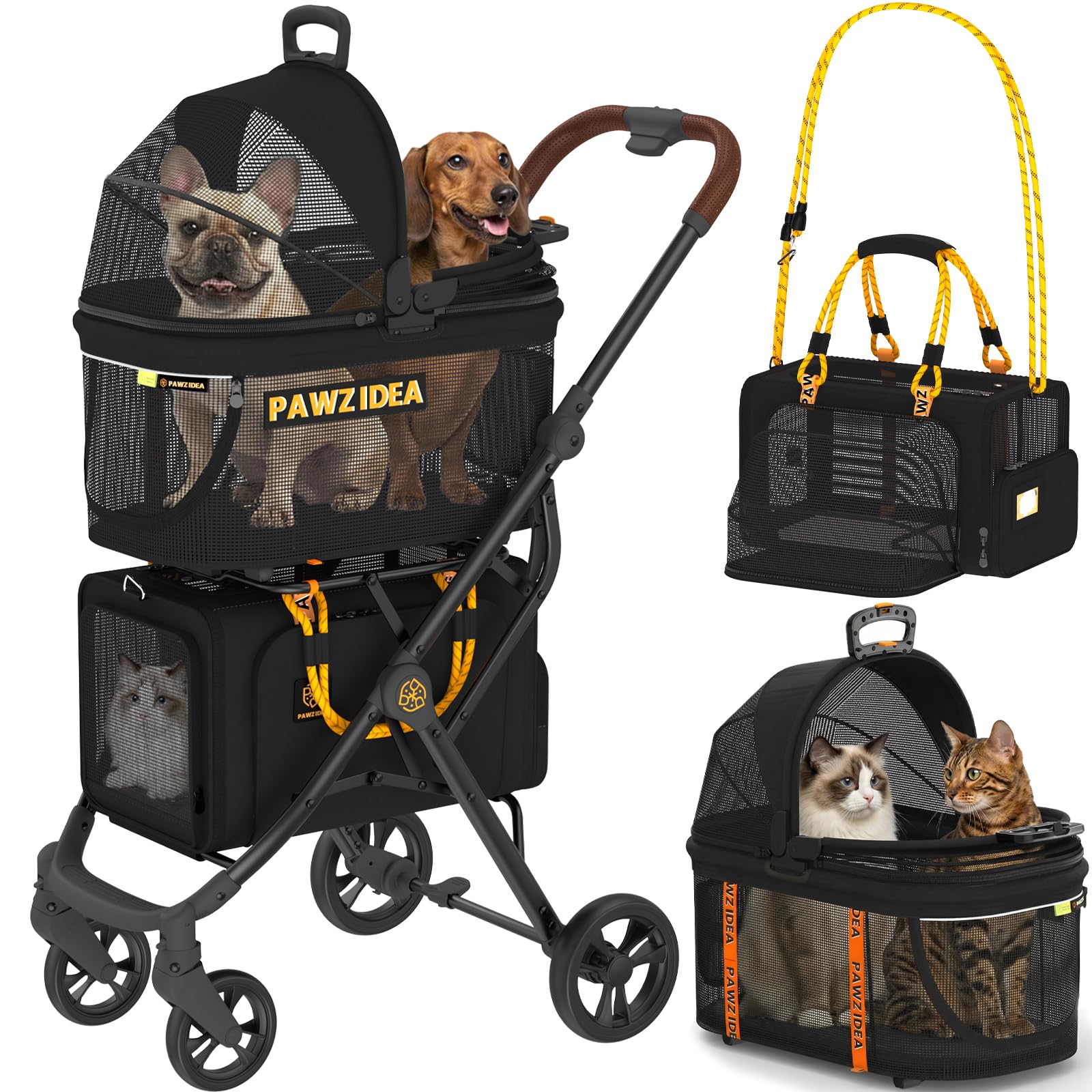 PAWZIDEA Double Pet Stroller with 2 Detachable Carrier, Lightweight Portable Travel Crate & Car Seat Combo & TSA-Approved Expandable Carrier, Foldable Jogger Stroller for 2–4 Cats or Small/Medium Dogs