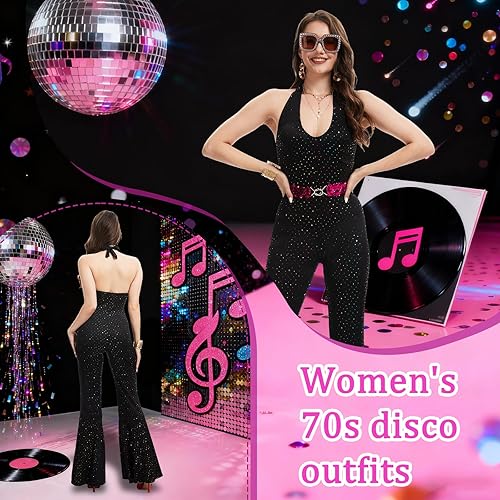 Miniatura 3 de Trajes de discoteca de los años 70 con lentejuelas para mujer, overol de discoteca con accesorios para fiesta de cosplay de Halloween