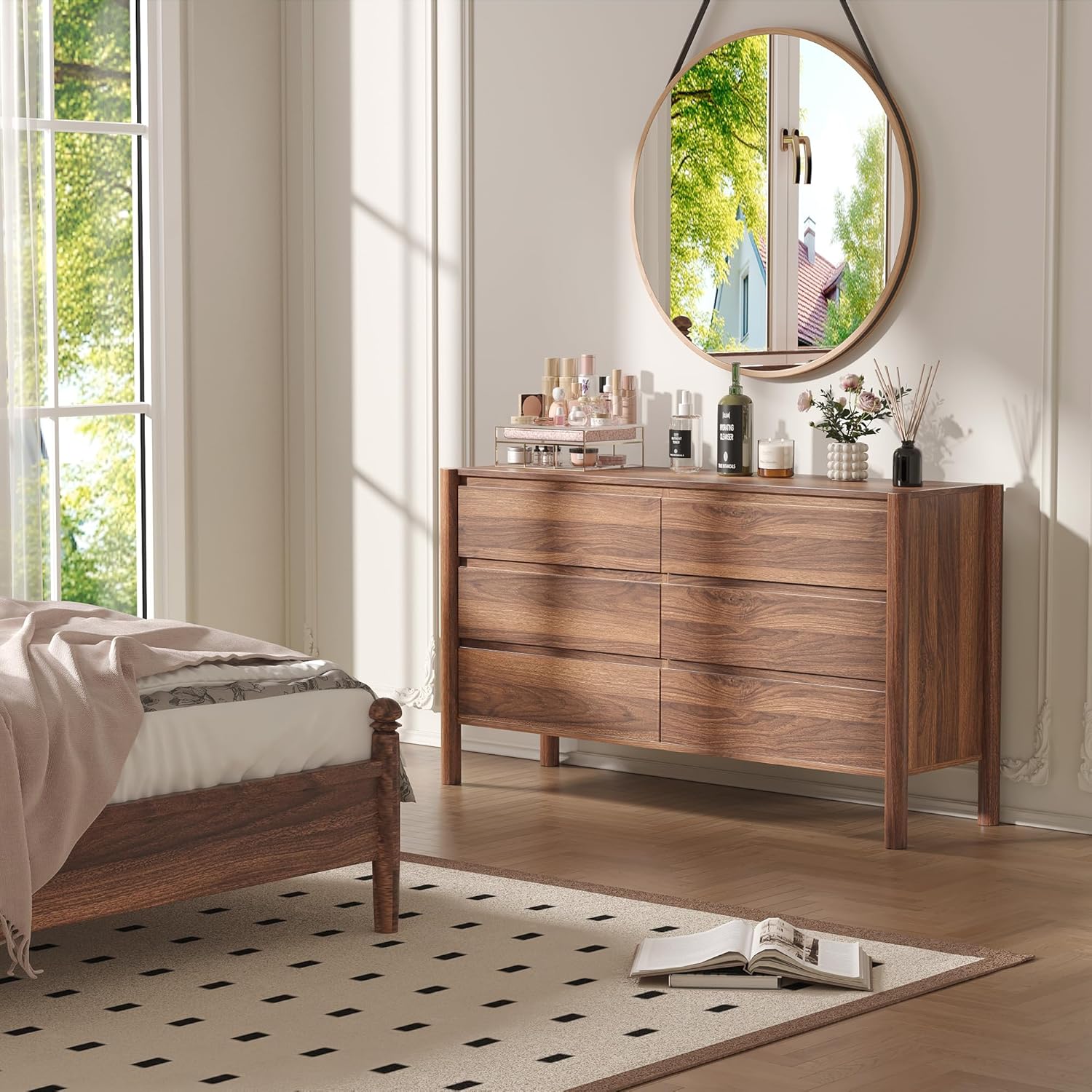 CHUWELL 6 Drawer Walnut Dresser for Bedroom, 47" Wide Mid Century Chest of Drawers with 6 Large Storage Space and 4 Solid Wood Cylindrical Legs, Large Dresser for Bedroom(Walnut)