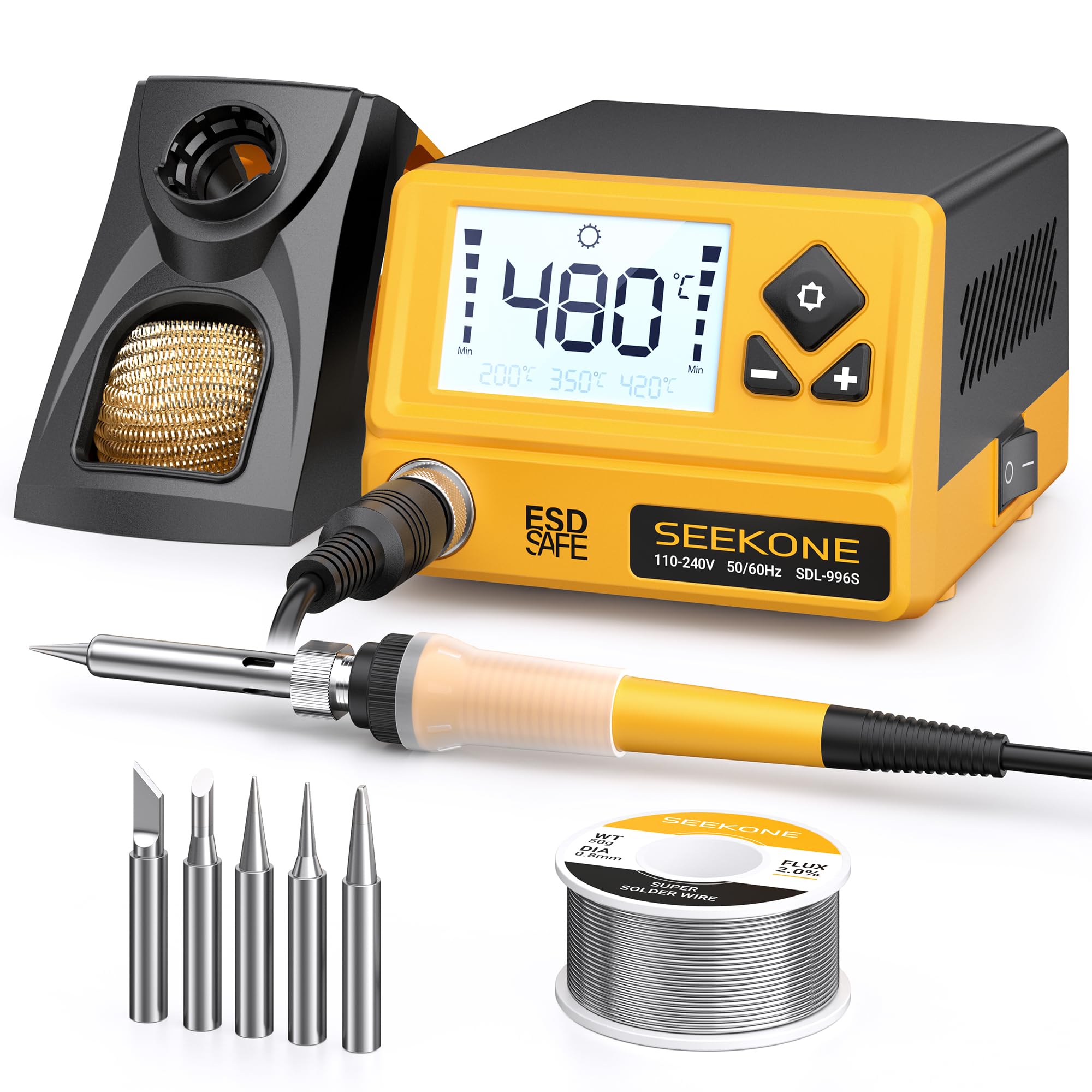 SEEKOEN 60W Soldering Iron Station with Constant and Adjustable Temperature 200℃~480℃, Soldering Station with LCD Display, 5 Soldering Tips, °C/°F Switch, Temperature Record, ESD Safety, Auto Sleep