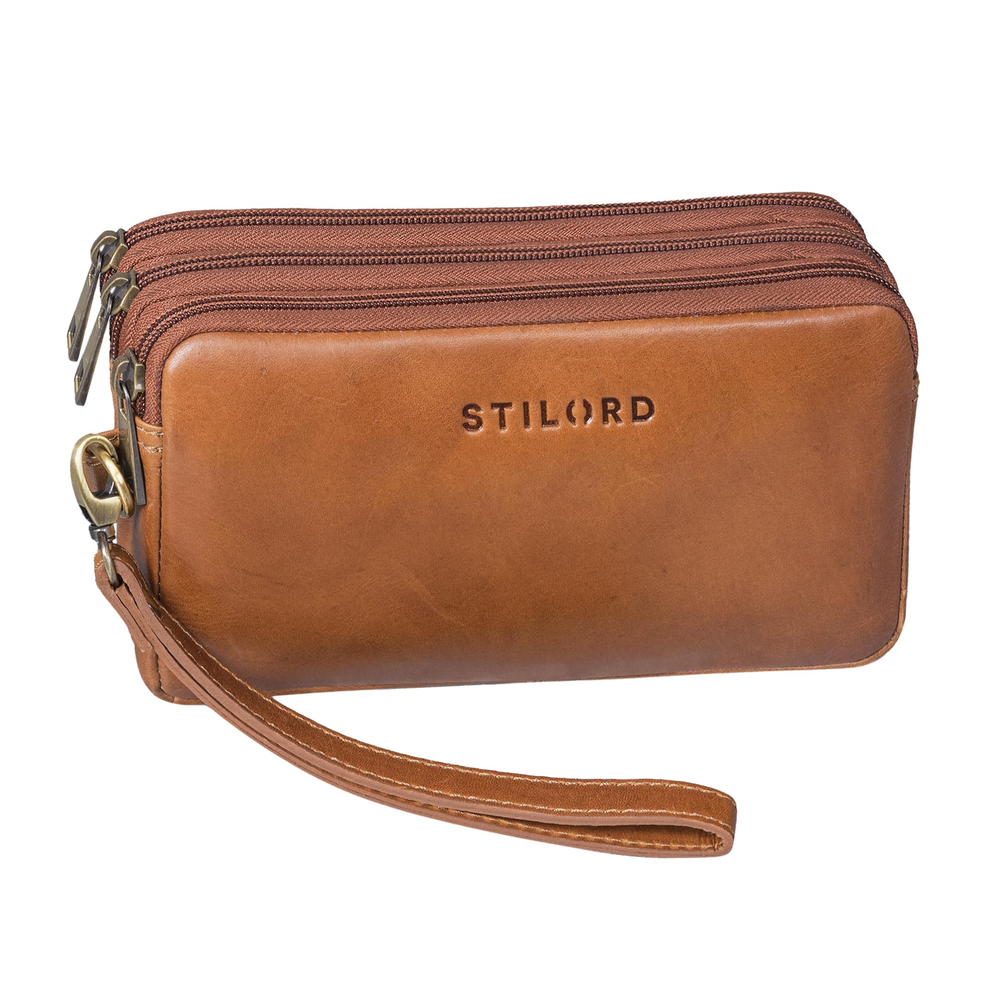 STILORD Kenneth Bolso de Mano Pequeño para Hombre - Organizador de Viaje Vintage, Cartera XXL Mocca
