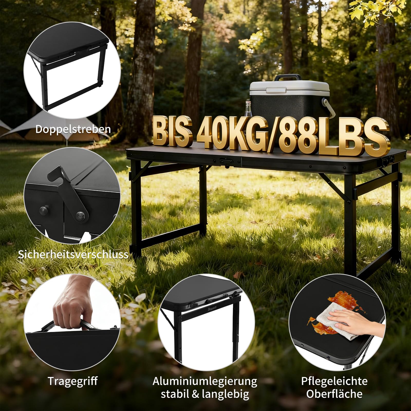 Klappbarer Campingtisch Klapptisch 120 x 60 großer Tisch für Familie und Treffen höhenverstellbar 3 Höhen(53/62/70cm) Multifunktionstisch Mehrzwecktisch stabil für Camping Garten Terrasse Party BBQ