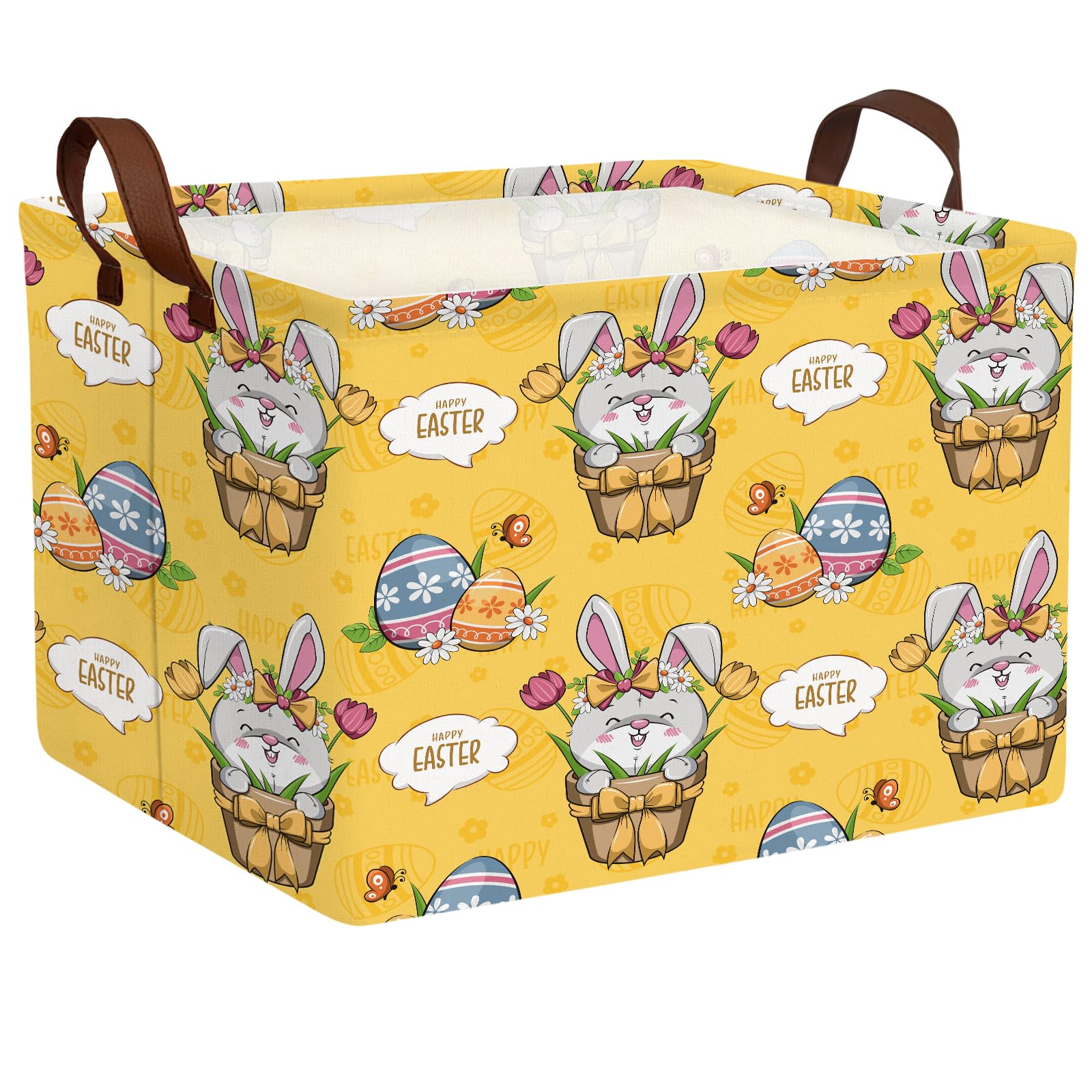 Large Cute Easter Basket for Kid Empty Gift Baby Rectangle Storage Bin Bunny Eggs Boy＆Girl Room Décor (Tulip Rabbit Yellow)