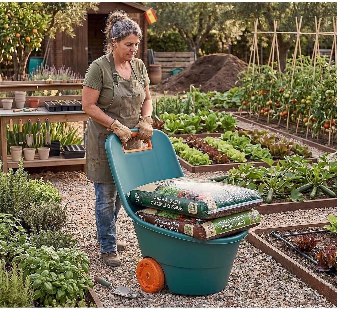 Carro de Jardín con Ruedas, Verde y Naranja, Polipropileno, 68 litros, Todo Terreno, Ergonómico, 84x49x46 cm TB Thayba