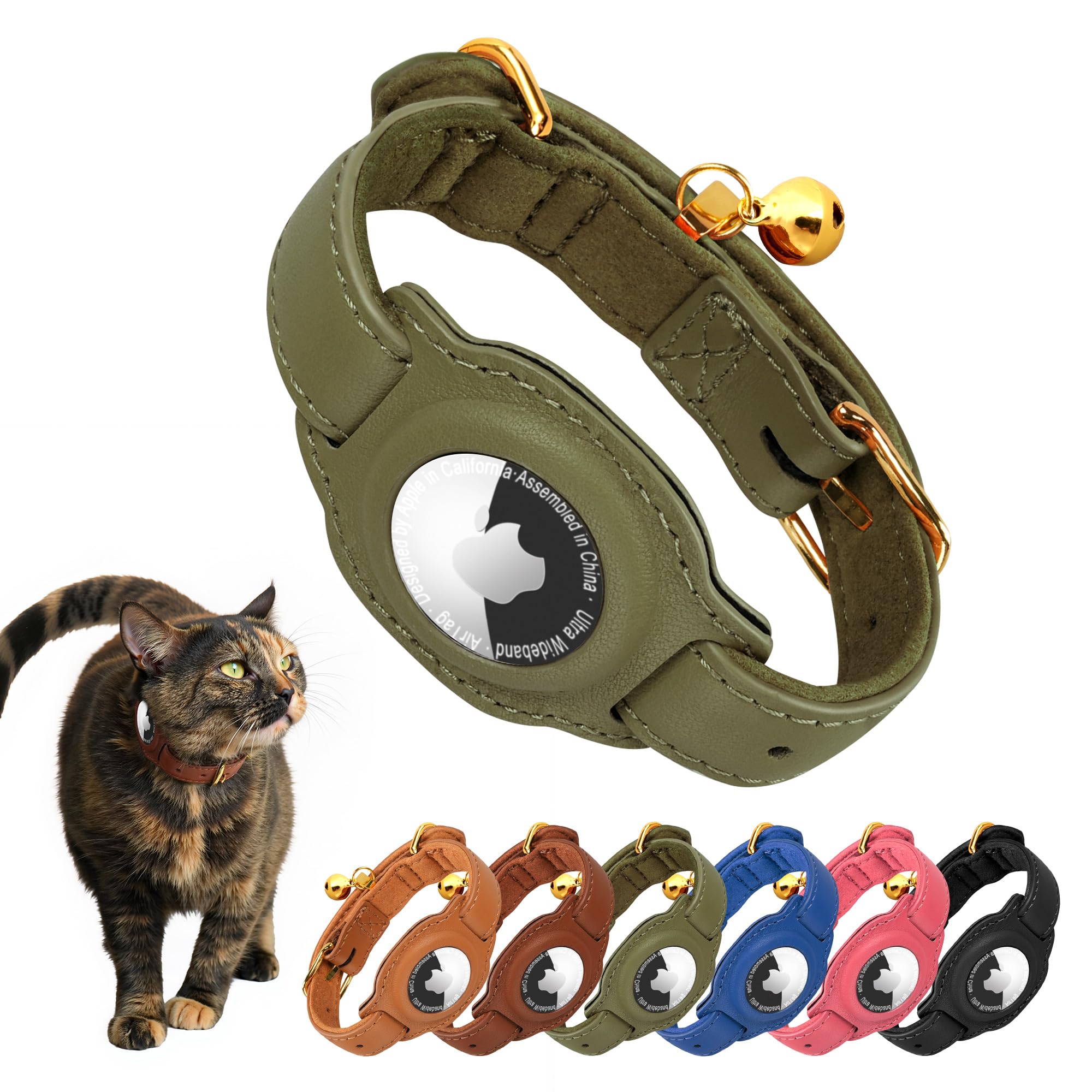 Jowlroel AirTag Cat Collar with Bell & Fabric Liner - Pet Collar Leather Cat Collar - Non Breakaway Leather Kitten Collar with AirTag Holder - GPS Cat