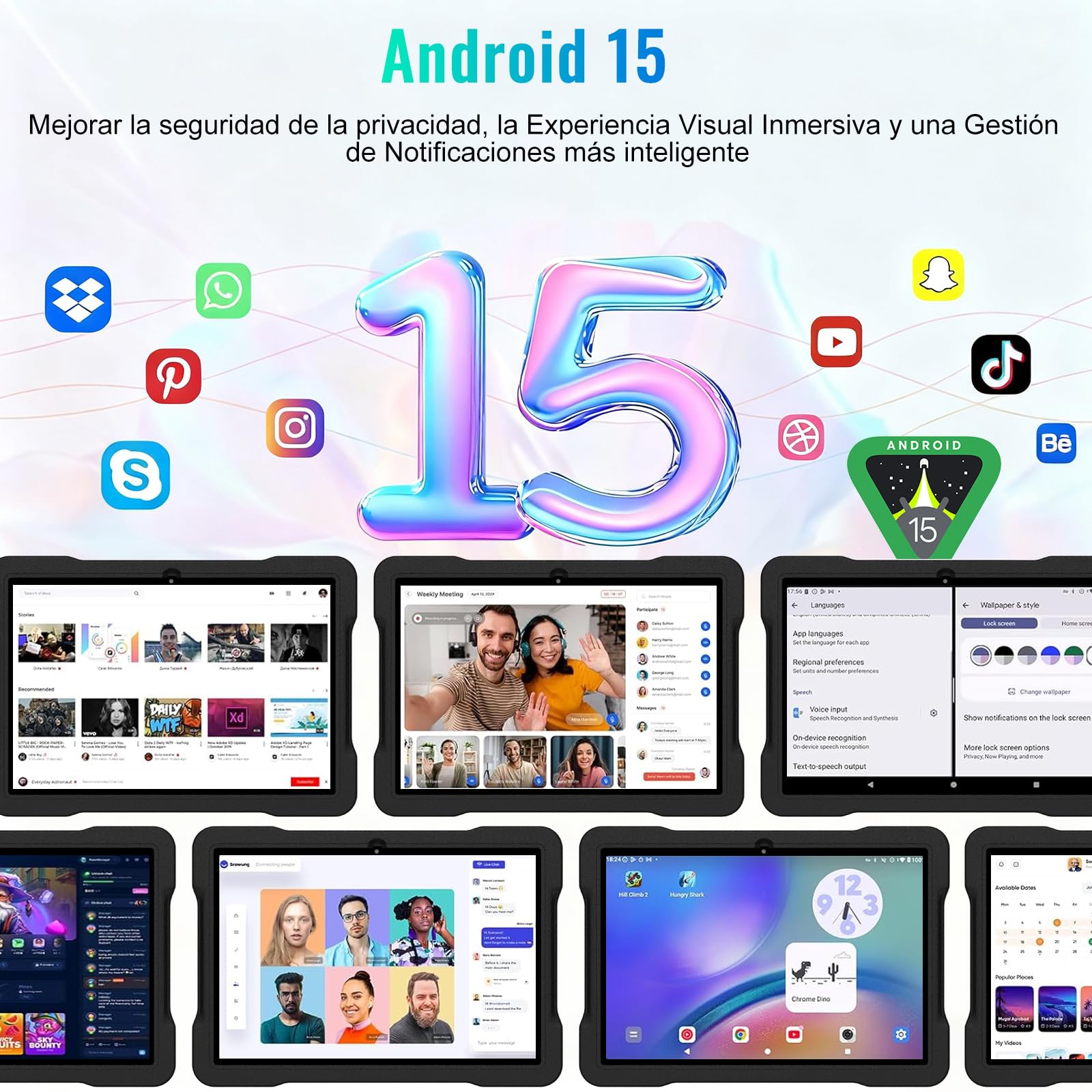 Tablet 10 Pulgadas con 30GB RAM+TF 2TB, Octa-Core 2.0Ghz/GMS, Widevine L1/5G WiFi/Bluetooth 5.0, Juegos Educativos, 5MP+8MP/1280*800, Tablet Android 15 tablet Niños con Funda EVA+360° Giratorio, Negro