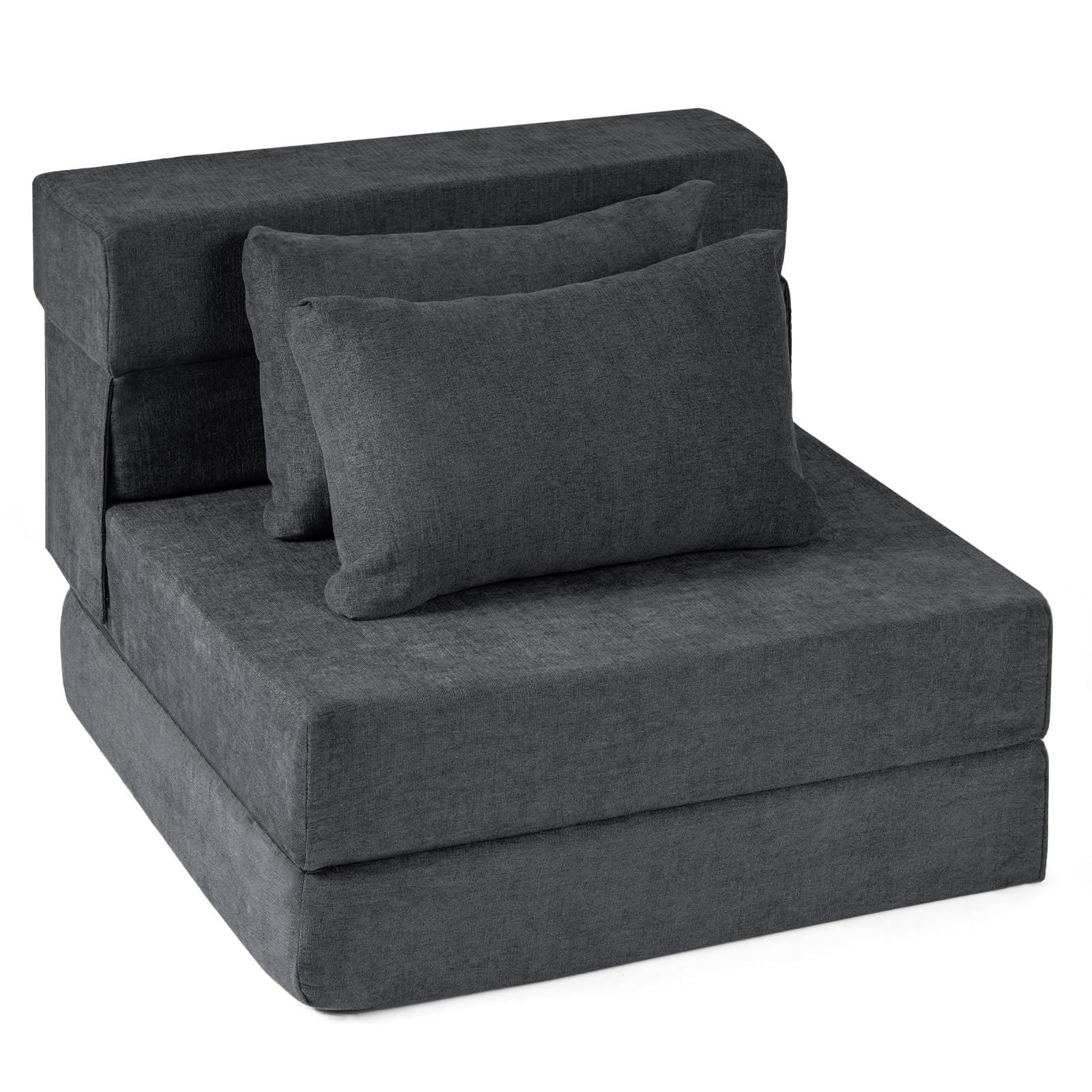 COSTWAY 3 en 1 Sofá Cama Plegable, Sillón Convertible en Colchón con 2 Almohadas, Tejido de Chenilla, Relleno de Esponja, Puff Cama Plegable para Suelo, Dormitorio, Oficina (198x76x14 cm,Gris)
