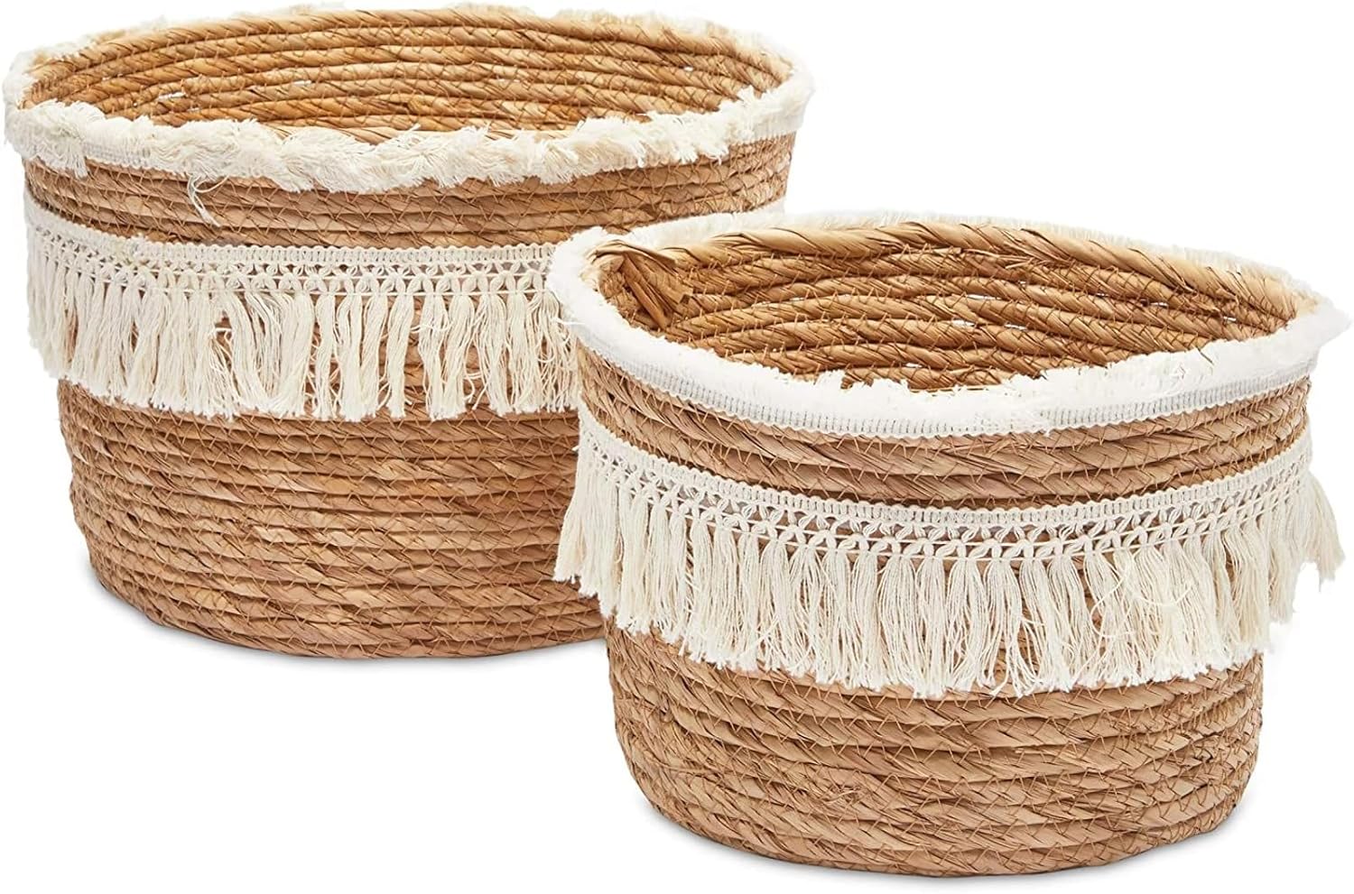Boho Natural Woven Round Storage Baskets with Fringe, Set of 2