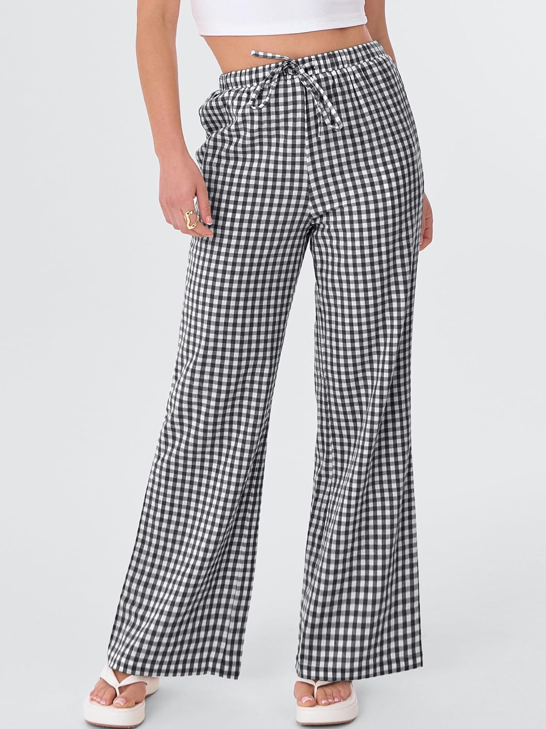 ANRABESS Women's Striped Gingham Pants 2026 Spring Pajama Lounge Boxer Pants Casual Wide Leg Drawstring PJ Bottoms Trousers - Image 2