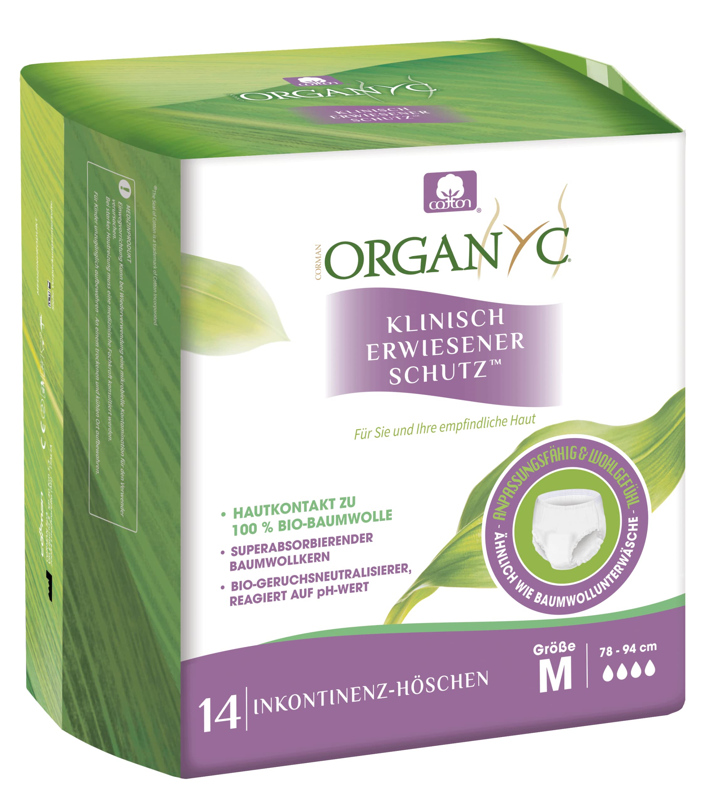 Organyc - Bielizna z bawełny organicznej – chroni przed niechcianą utratą moczu i nieprzyjemnymi zapachami, rozmiar M, 14 sztuk