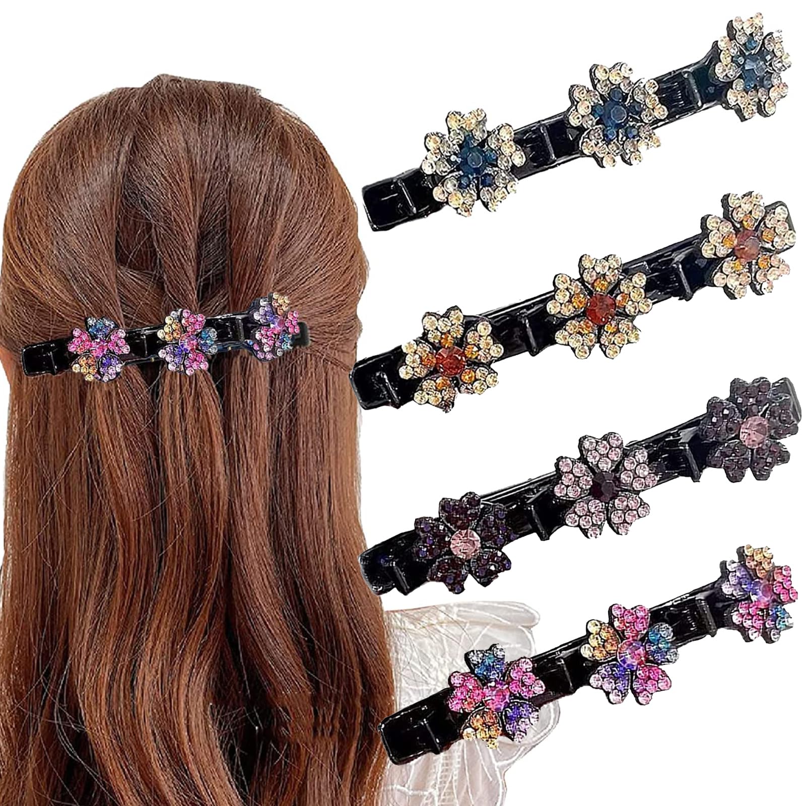 Sparkling Crystal Stone Braided Hair Clips, Satin Fabric Clips for Women, Four-Leaf Crystal Stone Hair Clip with 3 Small Clips Plum Blossom-4 PCS