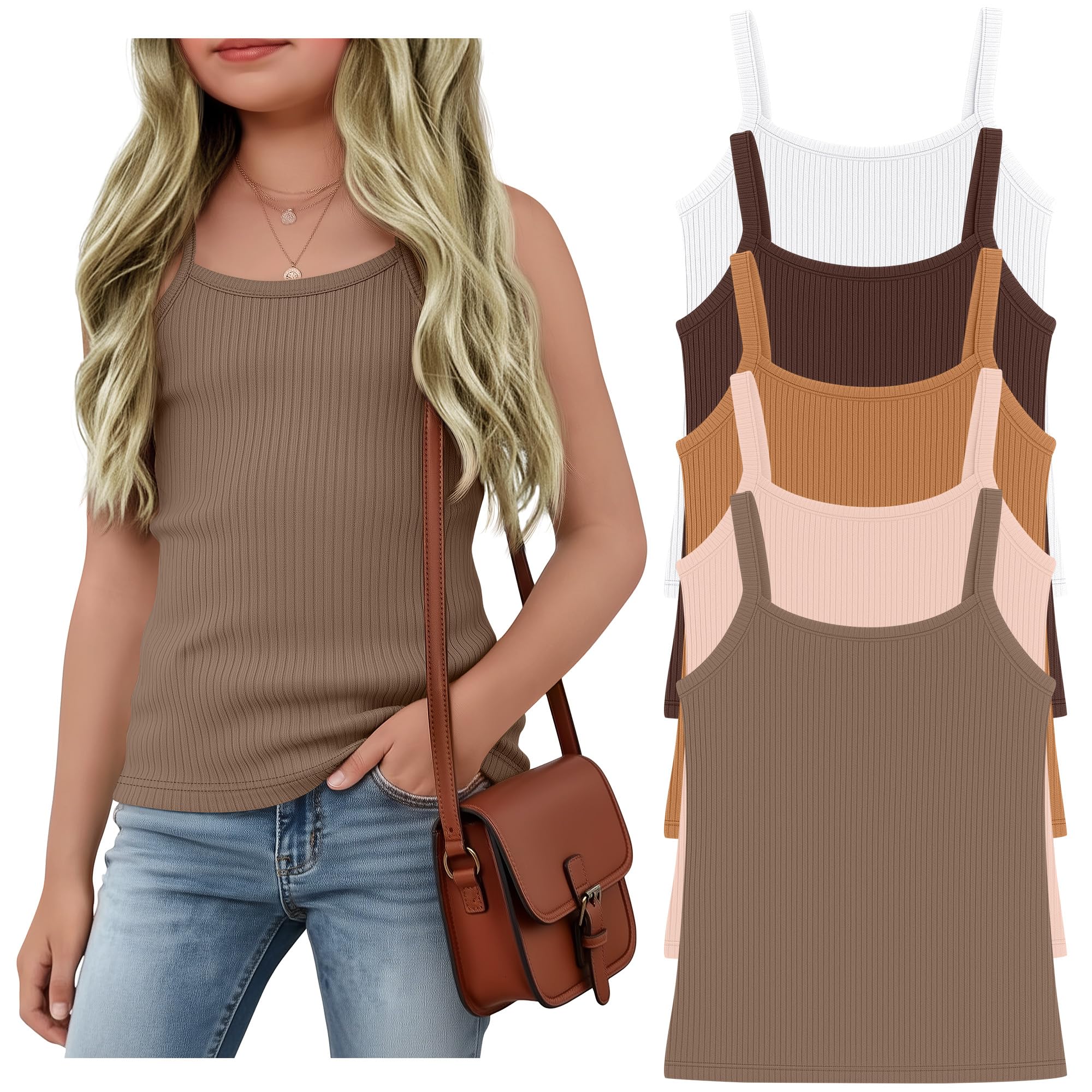 - 5 Pack Girls' Sleeveless Tank Tops Basic Ribbed Camisole Solid Spaghetti Strap Cami Scoop Neck Undershirts 5-14Years