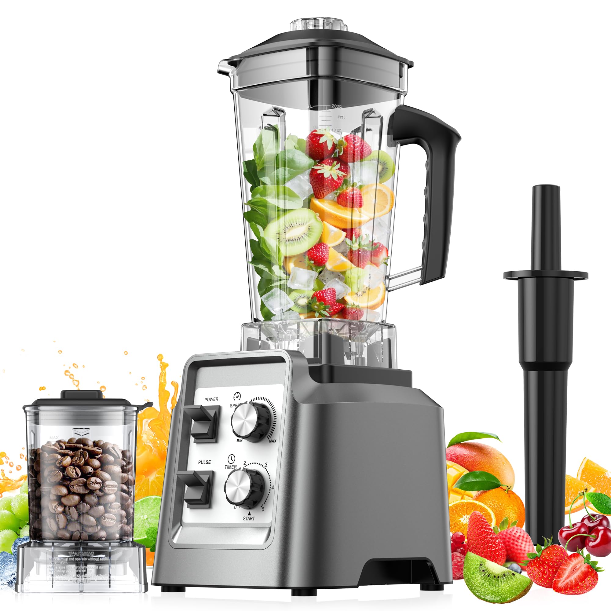 Teendow Standmixer, 1800W Smoothie Maker, Tischmixer mit 2,0-Liter-Behälter+ 600-ml-Kaffeemühle, Geeignet zum Zerkleinern von Eis und Gefrorenen Früchten, BPA-frei (Silber)