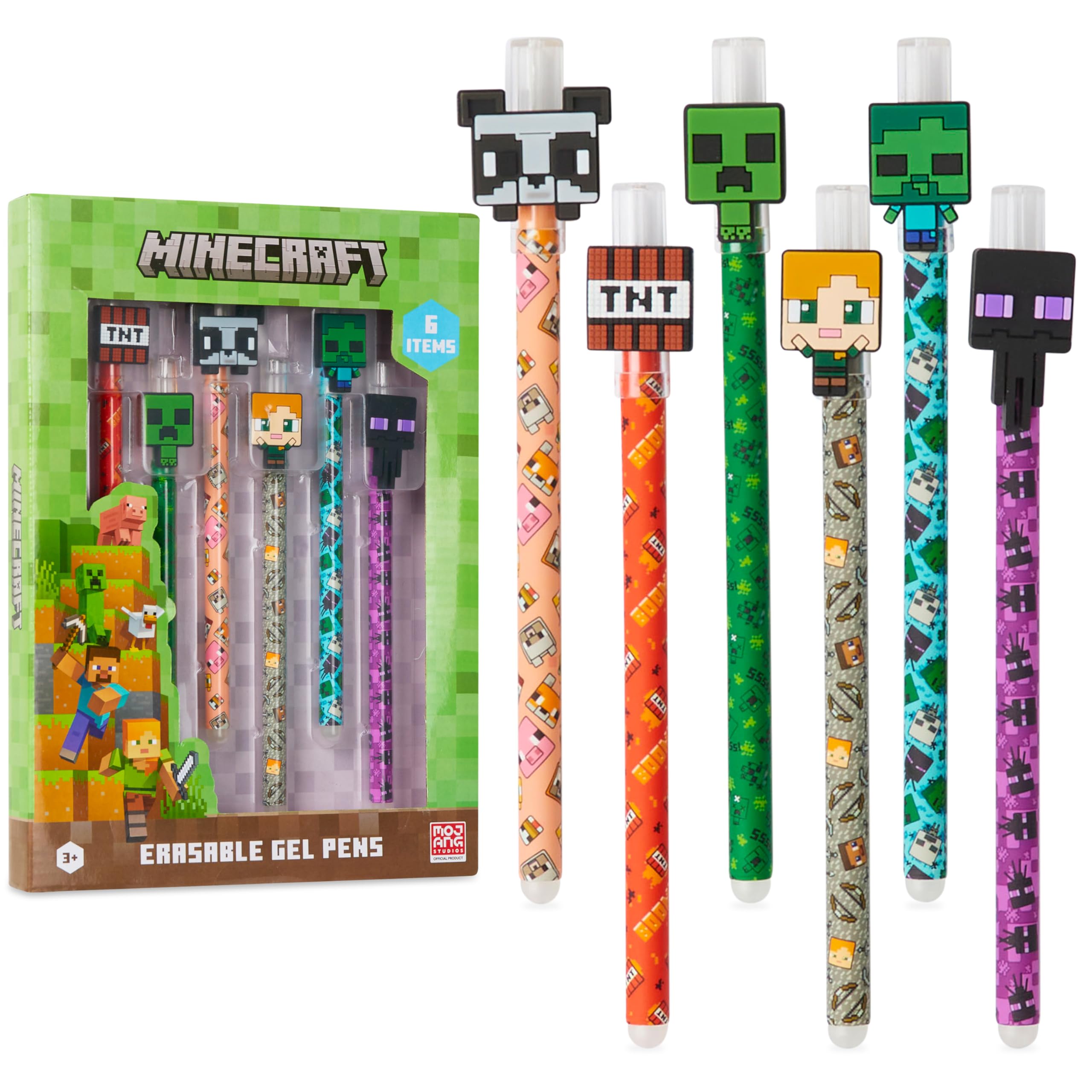 Minecraft Erasable Gel Pens Set, Colored Pens with Erasers Pack of 6, School Supplies - Gifts for Boys