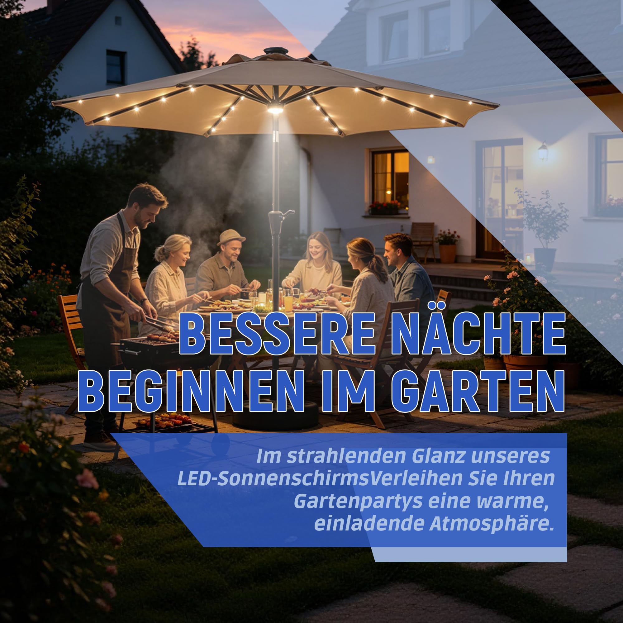 Sonnenschirm 300 cm mit LED Solar Beleuchtung, 8 Robuste Struts Terrassenschirm Knickbar, 7-Farben RGB Modus Gartenschirm mit Kurbel, UPF 50+ Wasserdicht für Balkon Pool
