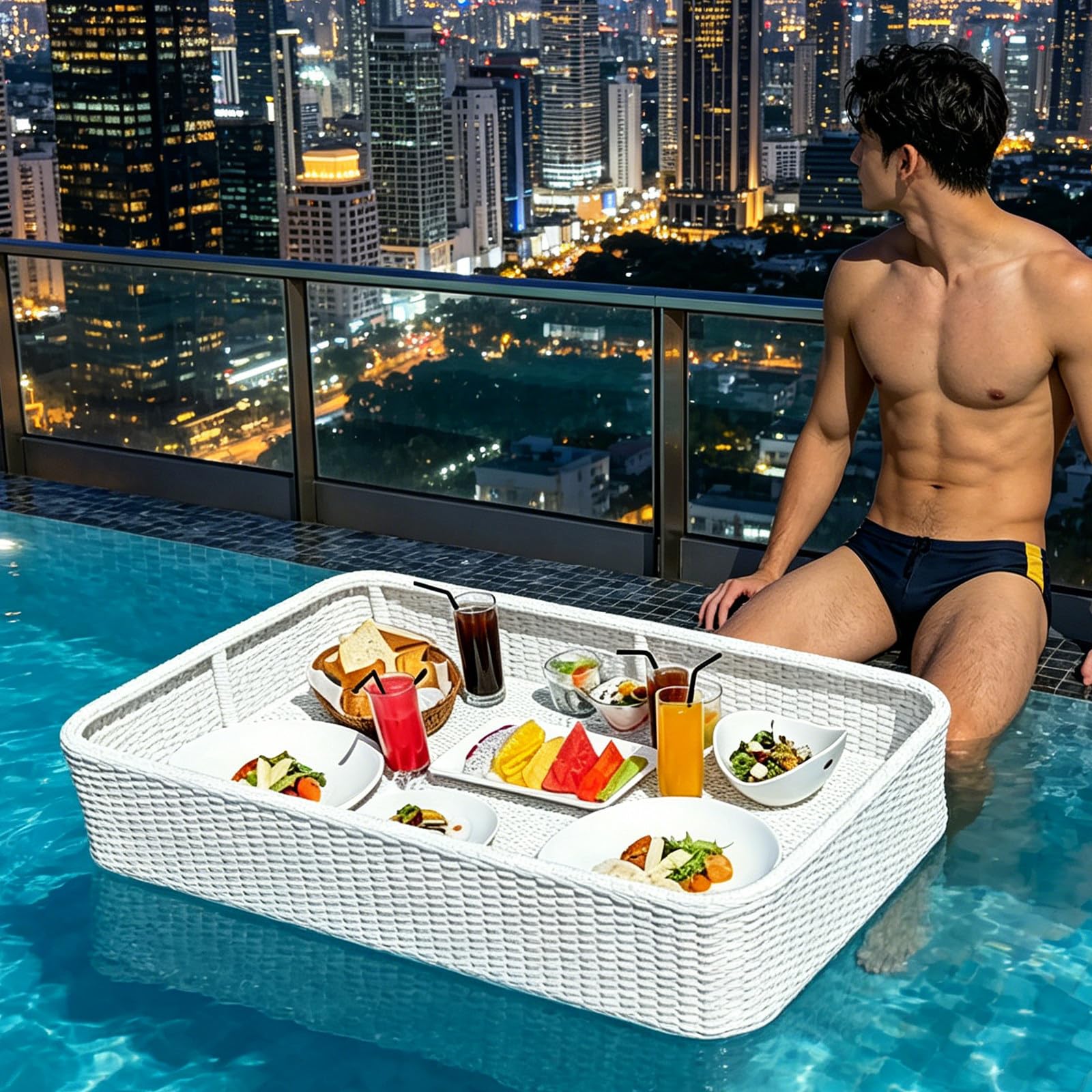 Floating Drink Holder for Pool , Stable Pool Stools for Underwater Seating, Portable Floating Table for Pool, Non-Spill Floating Tray for Pool, Great for Hot Tub or Swim Up Bar rectangle-White