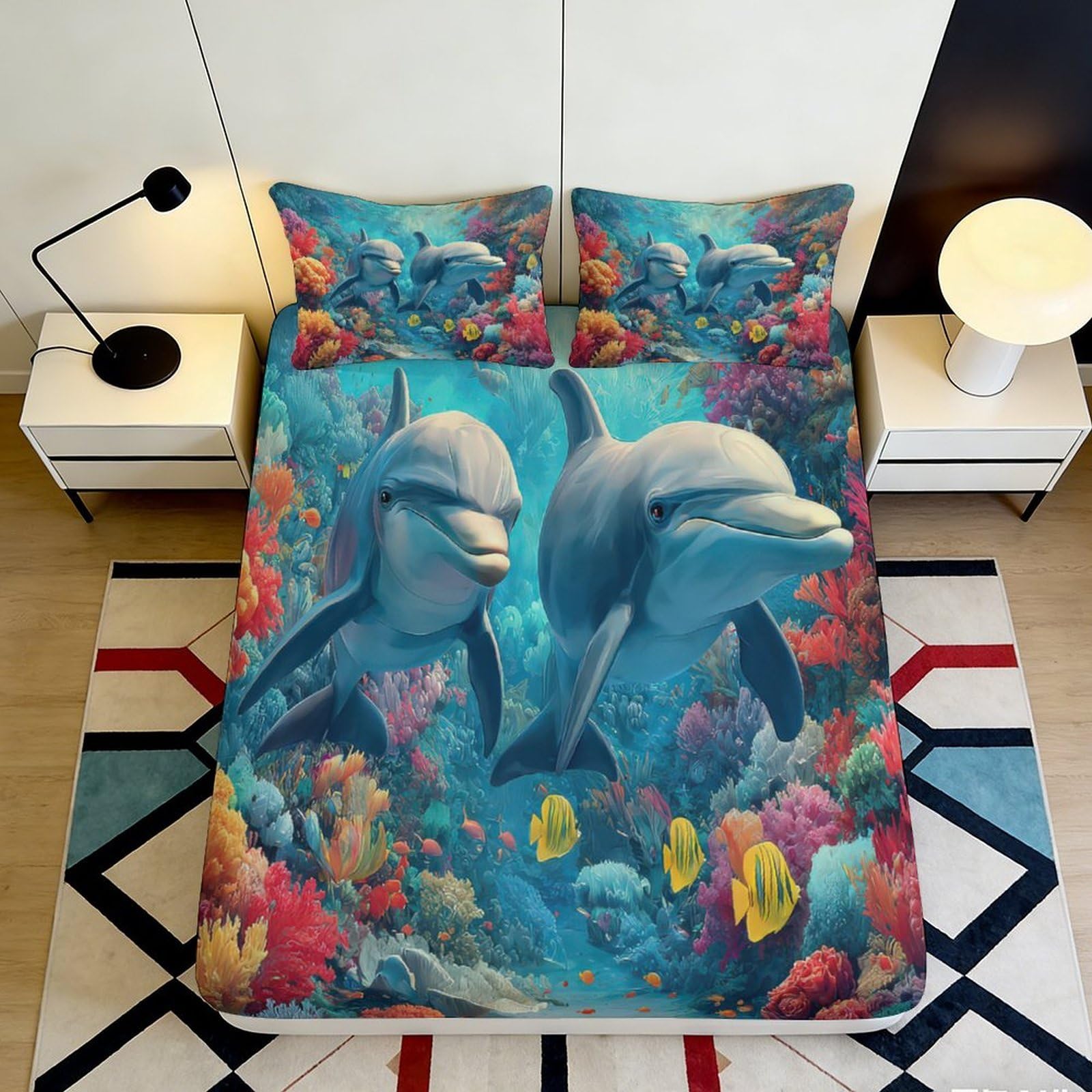 3D Printed Dolphin Underwater Fitted Sheet Microfiber Soft Breathable Coral Reef Bed Cover for Bedroom Dormitory Guest Room Mattress Protection 180x200x25cm