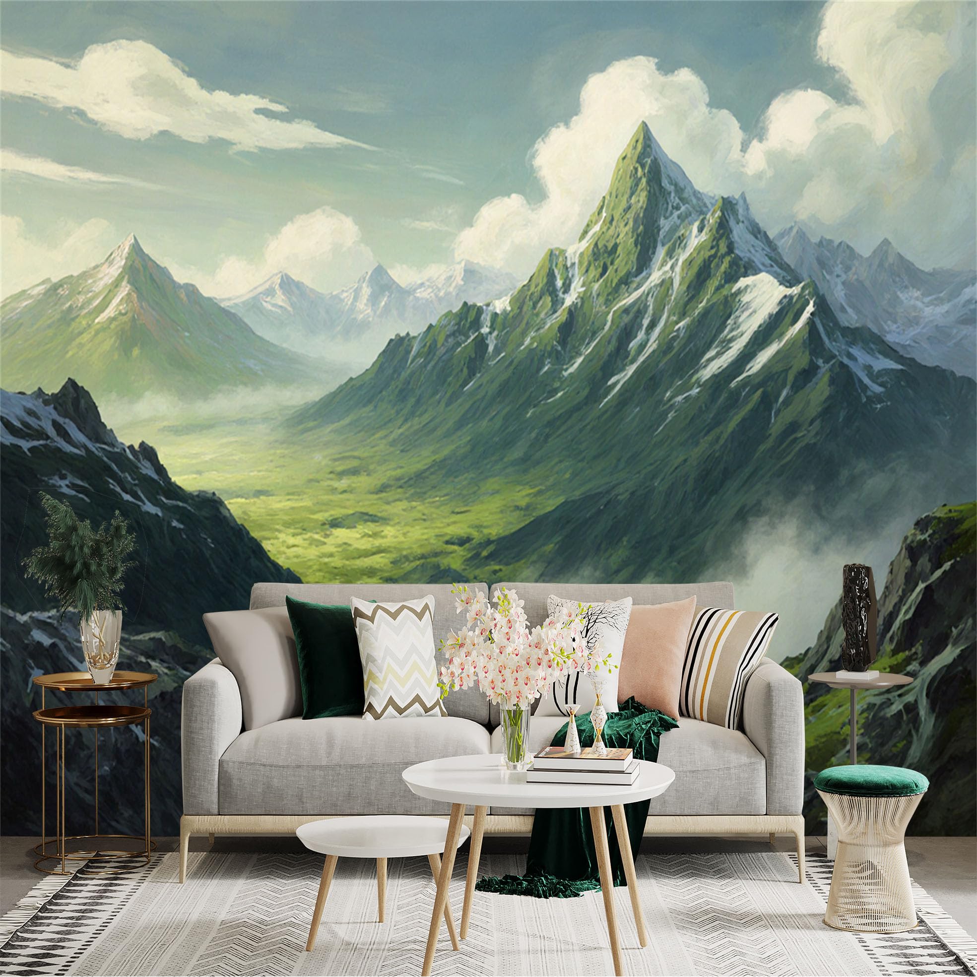 Lnzczhyre Xc260505117 Custom Size Wall Sticker Mural， Majestic Green Mountain Landscape， Snowy Peaks And Lush Valley， Oil Painting Style Scenery， For Wall Decoration， Peelandstick Wall Decals.