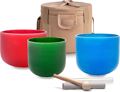 SITSANG Juego de 3 cuencos para cantar chakras de 7 a 11 pulgadas con funda de transporte de cuero artificial resistente para meditación y terapia