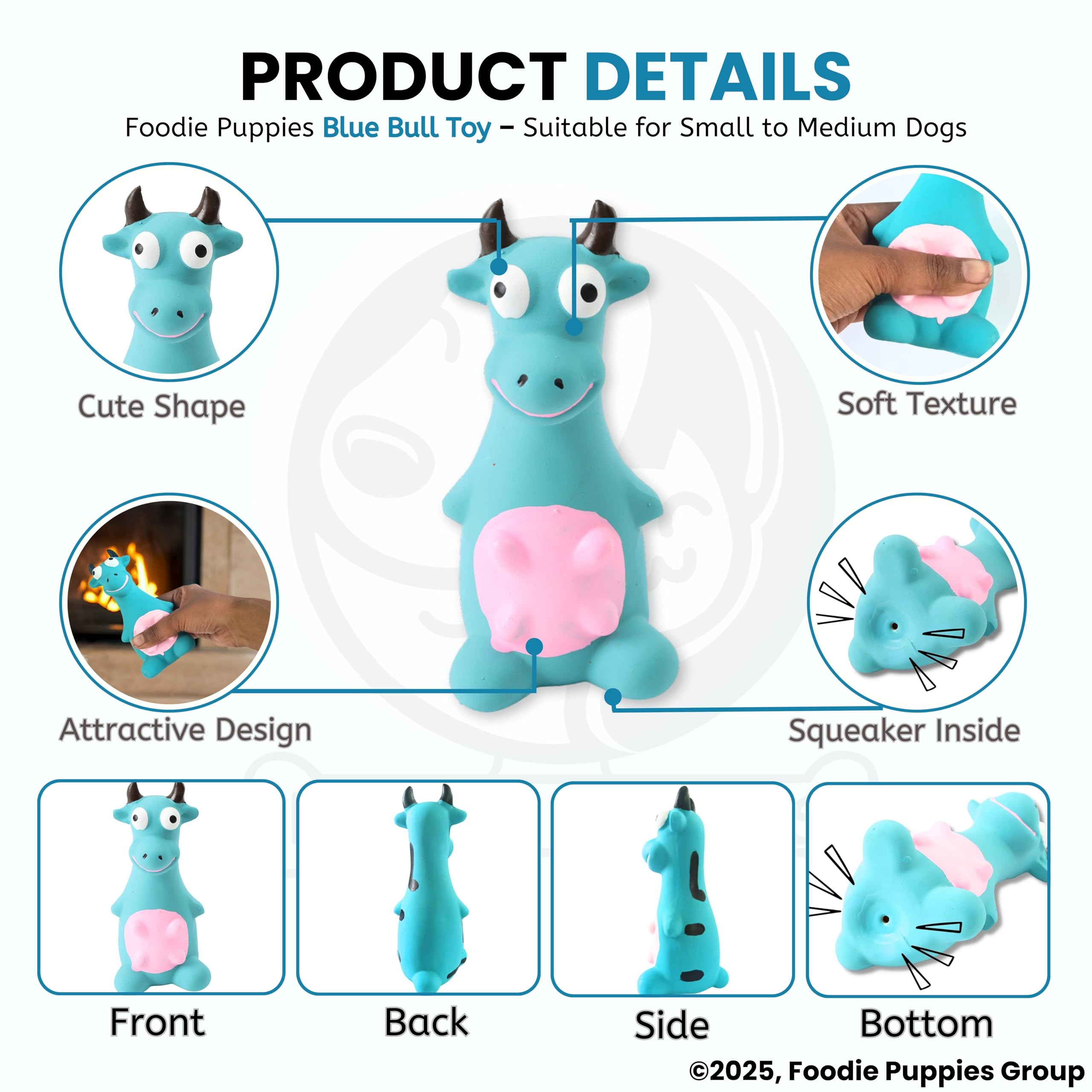 Foodie Puppies Natural Latex Rubber Squeaky (Blue Bull) Dog Toy | Small to Medium Dogs & Puppies | Durable, Animal Design, Fetch & Chew Safe Play Toy | Reduce Separation Anxiety 1