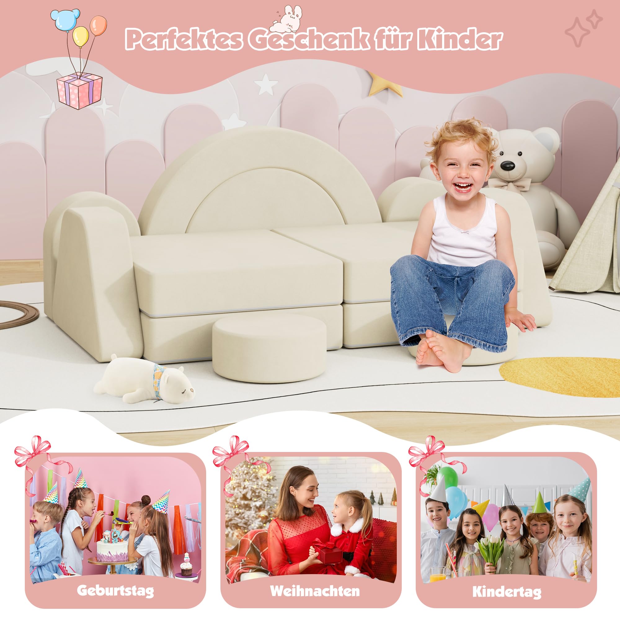 NACHES Spielsofa für Kinder, Modulares Kindersofa aus Schaumstoff, Kord, Kindercouch waschbar, Schlafsofa für Kinderzimmer (Beige, 2-Sitzer)