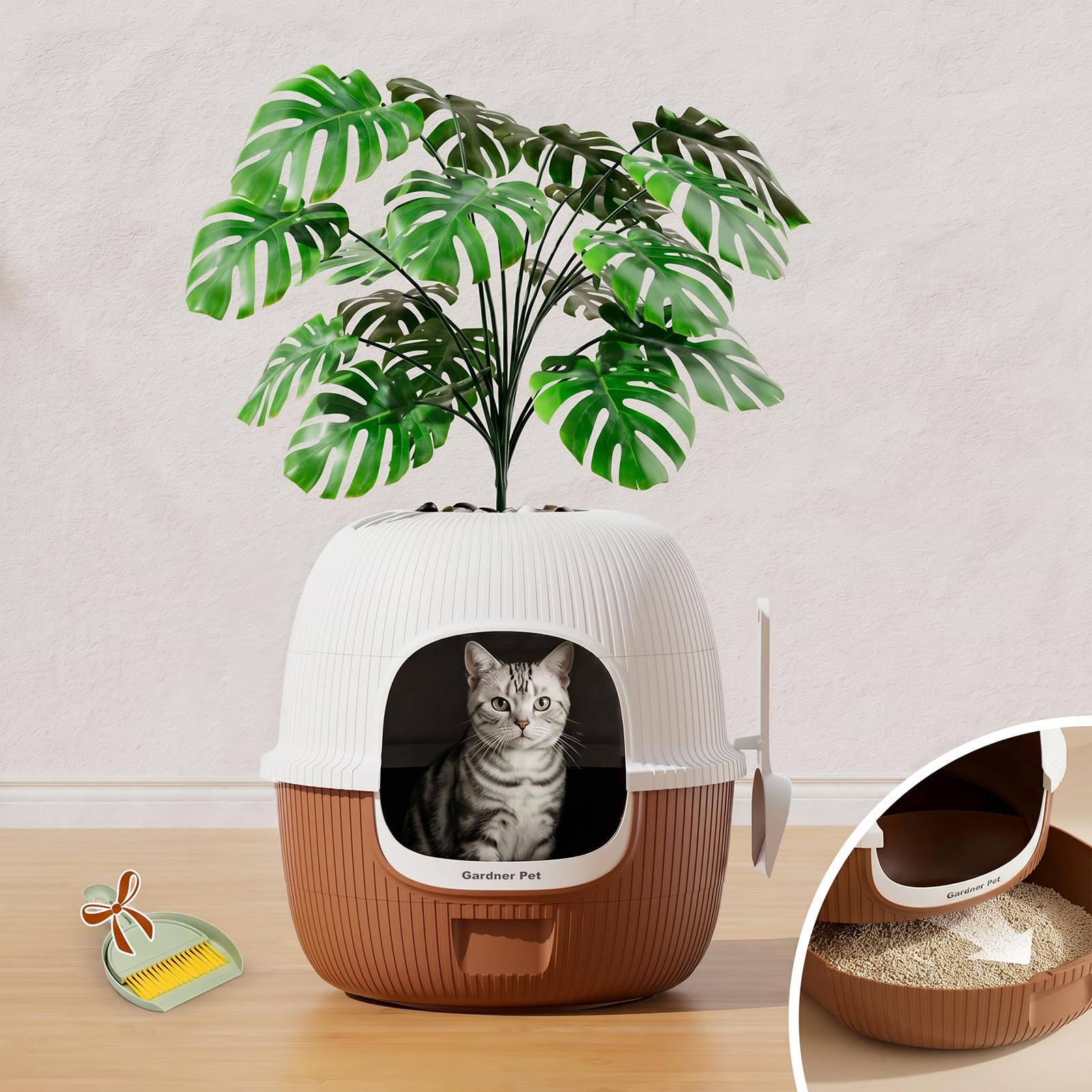 Gardner Pet Versteckte Katzentoilette, Blumentopf-Stil Katzenklo 49x49x50cm | Blumentopf-Stil, Mit Kunstpflanze, Kieselsteinen & Schaufel, Schublade & Kohlefilter, Auslaufsicheres Design