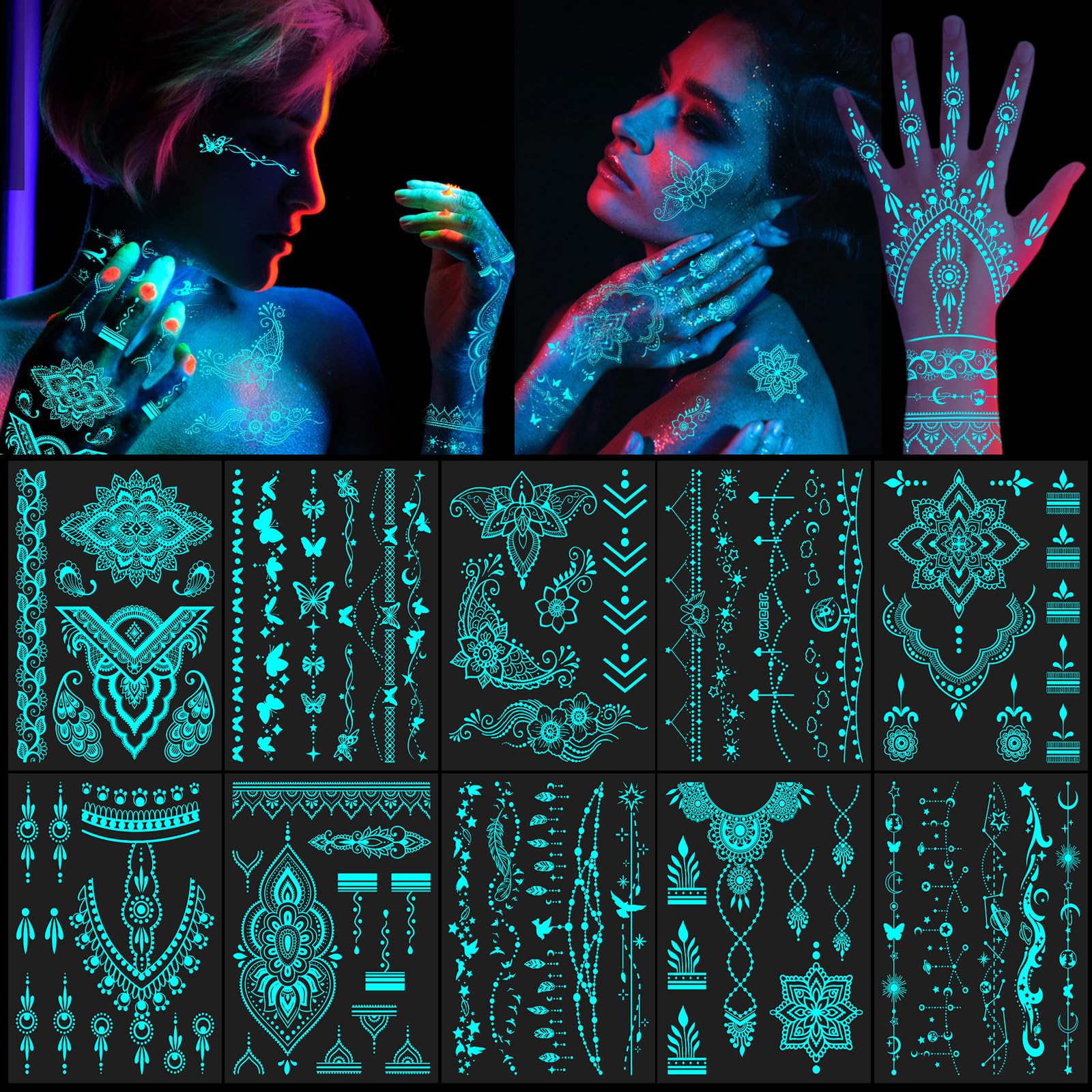 DPKOW Tatuajes Temporales Luminosos Azules Pegatinas de Tatuaje de Encaje Indio para Mujer Niñas Boda Eid al-Fitr Tatuajes de Flor de Mandala que Brillan en la Oscuridad para Arte Corporal, 10 Hojas