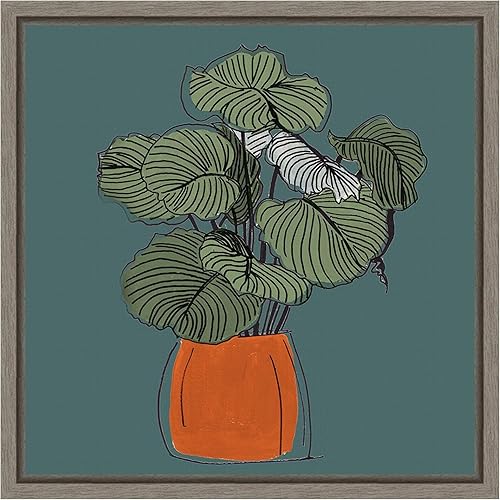 Amanti Art Framed Canvas Wall Art 16x16 The Retro Potted Plant On Teal I by Patricia Pinto, Framed Wall Art Canvas, Abstract Artwork, Country Rustic