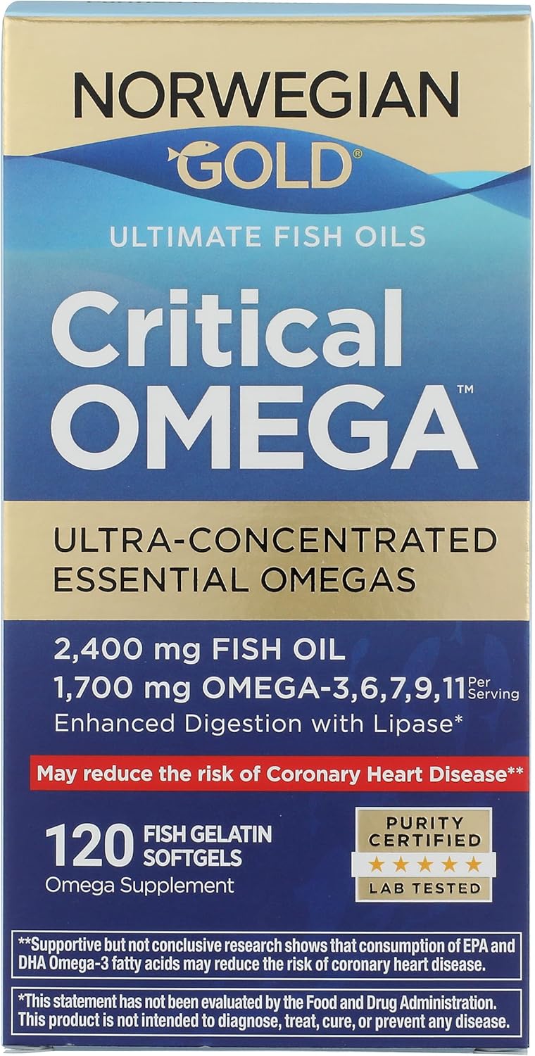 Renew Life Norwegian Gold Critical Omega Softgels, Daily Supplement Supports Heart, Brain and Joint Health, EPA and DHA Omega-3 Fish Oil, Dairy and gluten-free, 850 Mg 120 Count