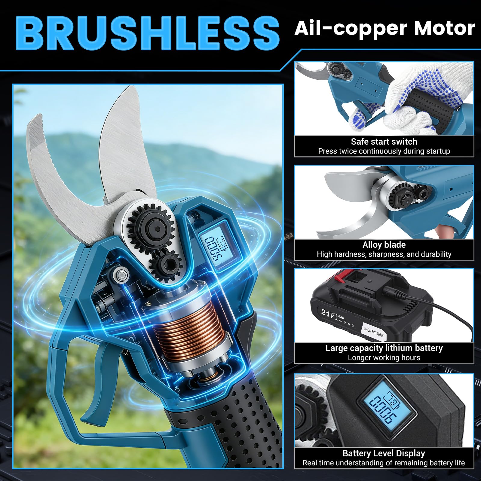 Tijeras de podar y podar con batería de 21 V, 2 en 1 con 2 x 2600 mAh, 18000 rpm, grosor de corte de 8 mm, tijeras eléctricas ligeras para setos y bordes de césped (azul)