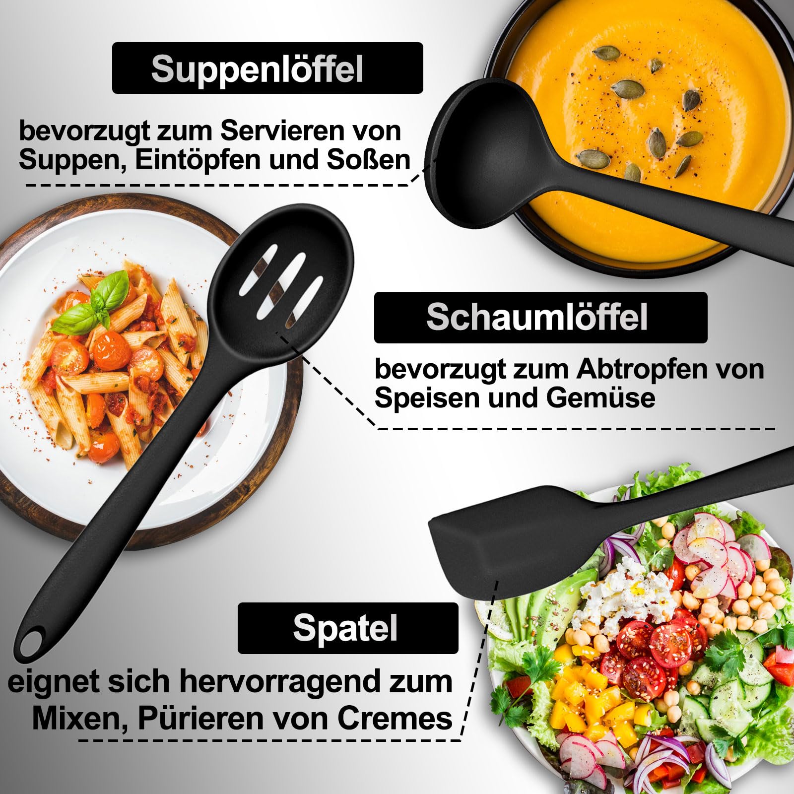 Küchenhelfer Set, 12-teiliges Silikon Kochutensilien Kochbesteck Set, Hitzebeständiger Kochgeschirr mit Utensilienhalter, Antihaft Kochset Küchenutensilien, Spülmaschinenfest - Schwar - Image 3