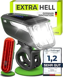 Velmia Bicycle Light Set - LED Bicycle Light with up to 8.5 Hours of Light and 3 Brightness Levels; USB Rechargeable; Incl. Display for Battery & Light Indicator; Tool-Free Installation.