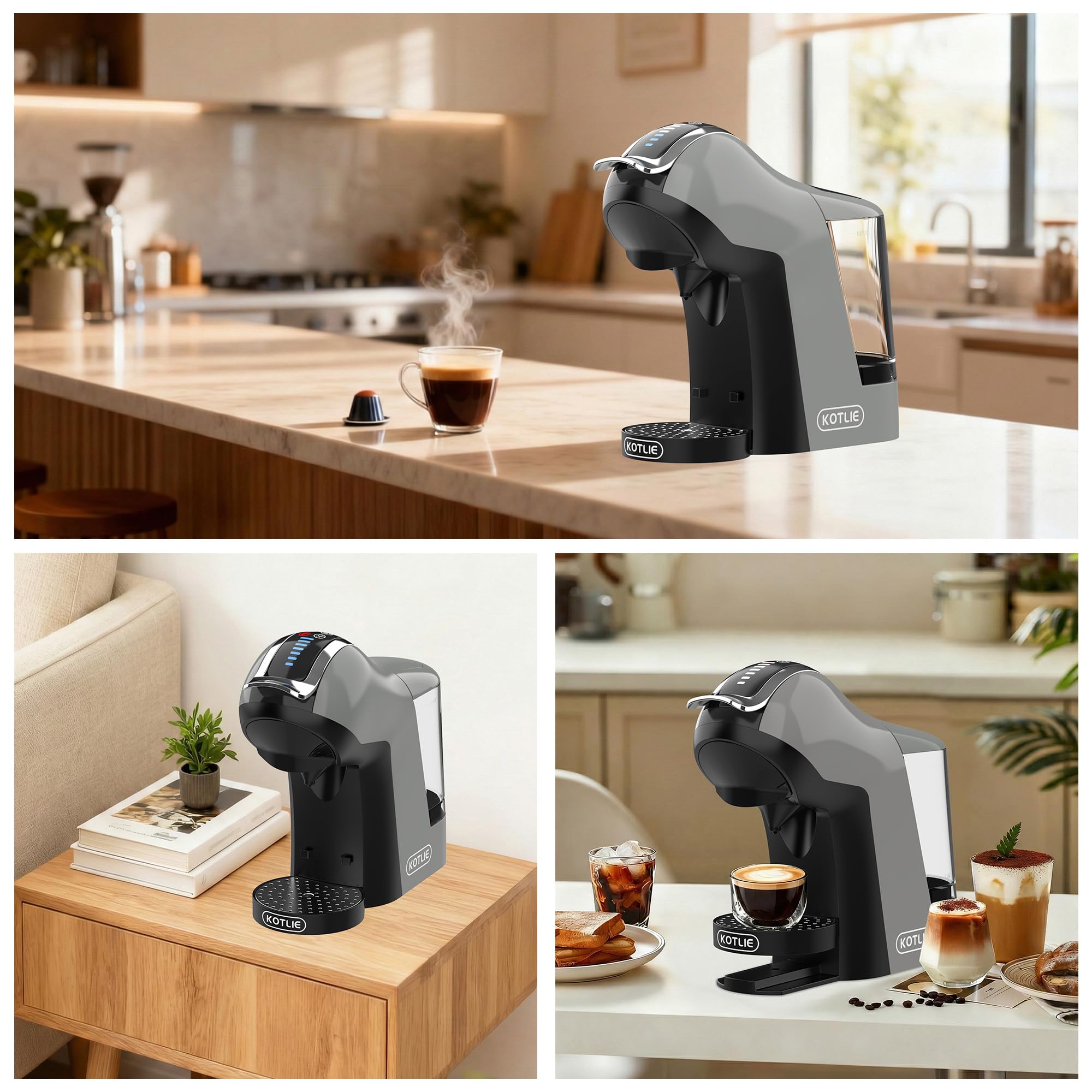 Upgrade Máquina de Cápsulas Café Espresso 5 en 1 19 Bar para Nespresso/Dolce Gusto/LAVAZZA MIO/LOR y Café Molido/ESE, Cafeteras Automáticas Pequeñas con Cápsulas, EM-308B (Gris)