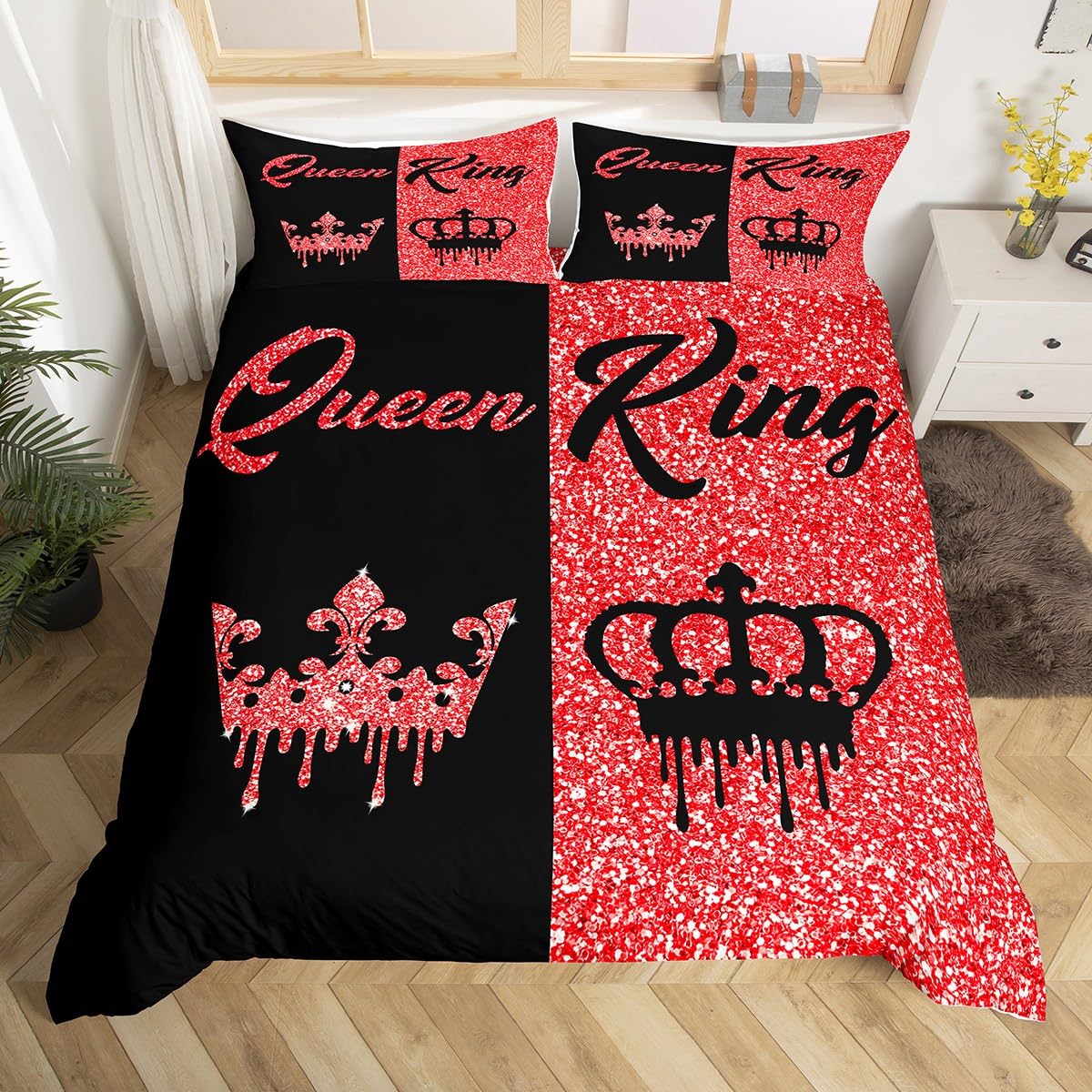 Homemissing Black and Red Crown Queen and King Duvet Cover Super King Size for Adults Couple Men Women,Valentine'S Day Wedding Gifts,His and Hers Quilt Cover 2 Pillowcases Bedroom Decor(No Glitter)