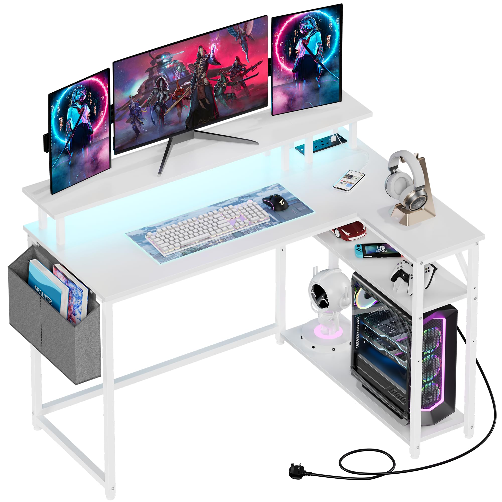 Gaming Desk L Shaped Desk with Led Lights＆Power Outlet 118CM Corner Office Gaming Desk for Small Spaces with Storage Shelves for Home Office Bedroom (White)
