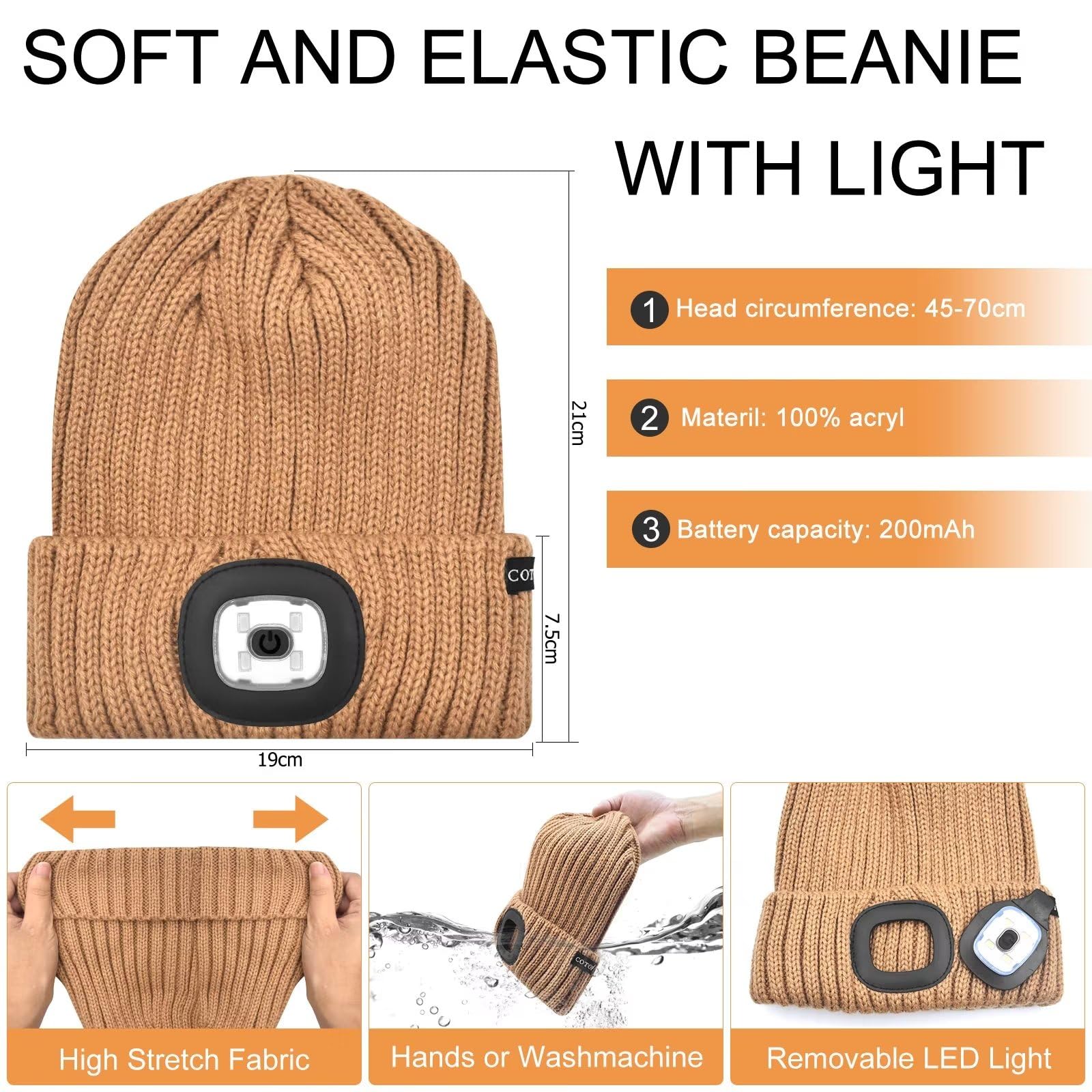 COTOP Cappello Uomo Illuminato Berretto 4 LED, Cappello con Luce LED Cappello Uomo Donna Invernali Berretto a 3 Livelli di luminosit LED Beanie cap per Alpinismo Campeggio