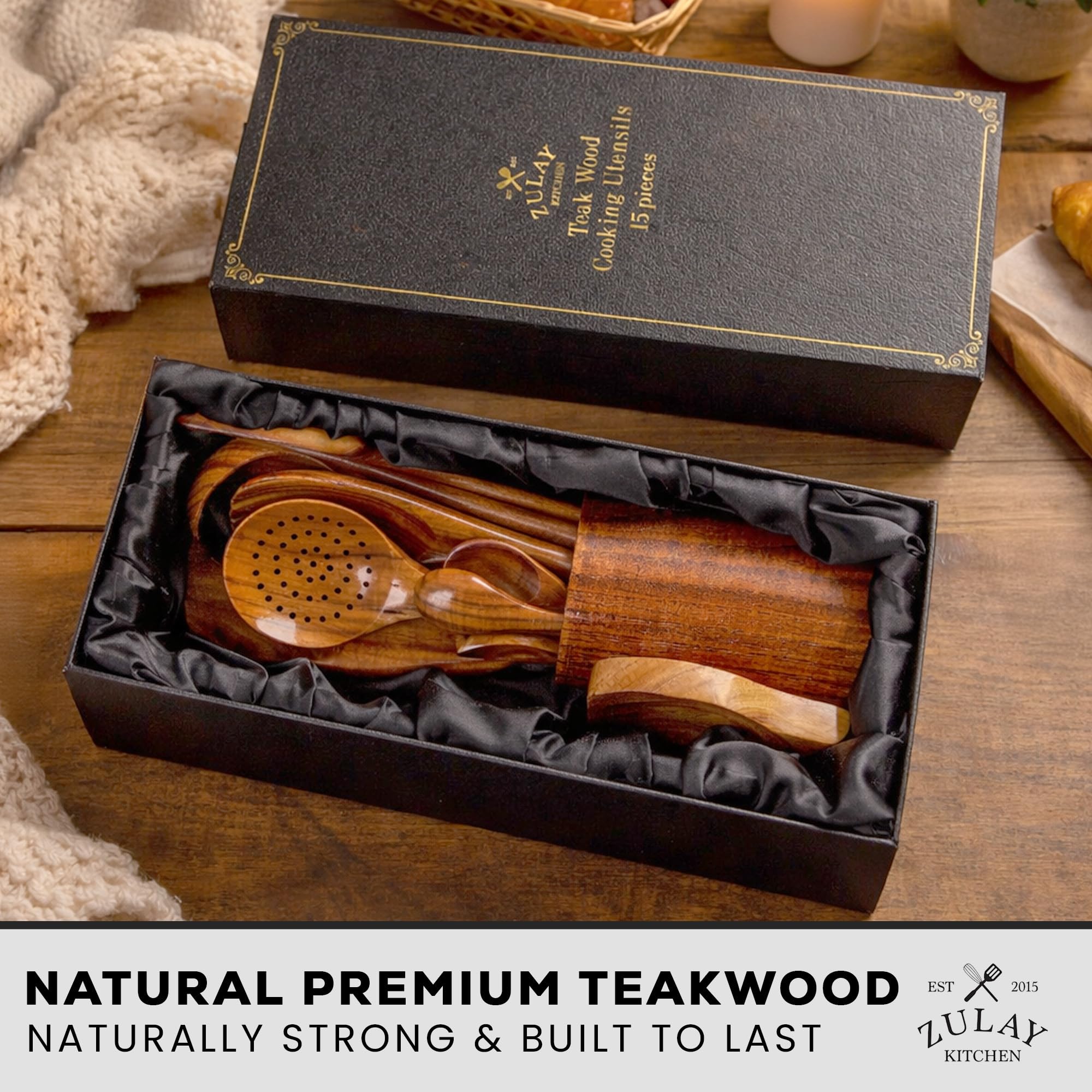 Zulay Kitchen Lot de 15 ustensiles en bois de teck pour la cuisine – Ensemble d'ustensiles en teck naturel avec coffret cadeau de qualité supérieure – Cuillères en bois antiadhérentes pour la cuisine