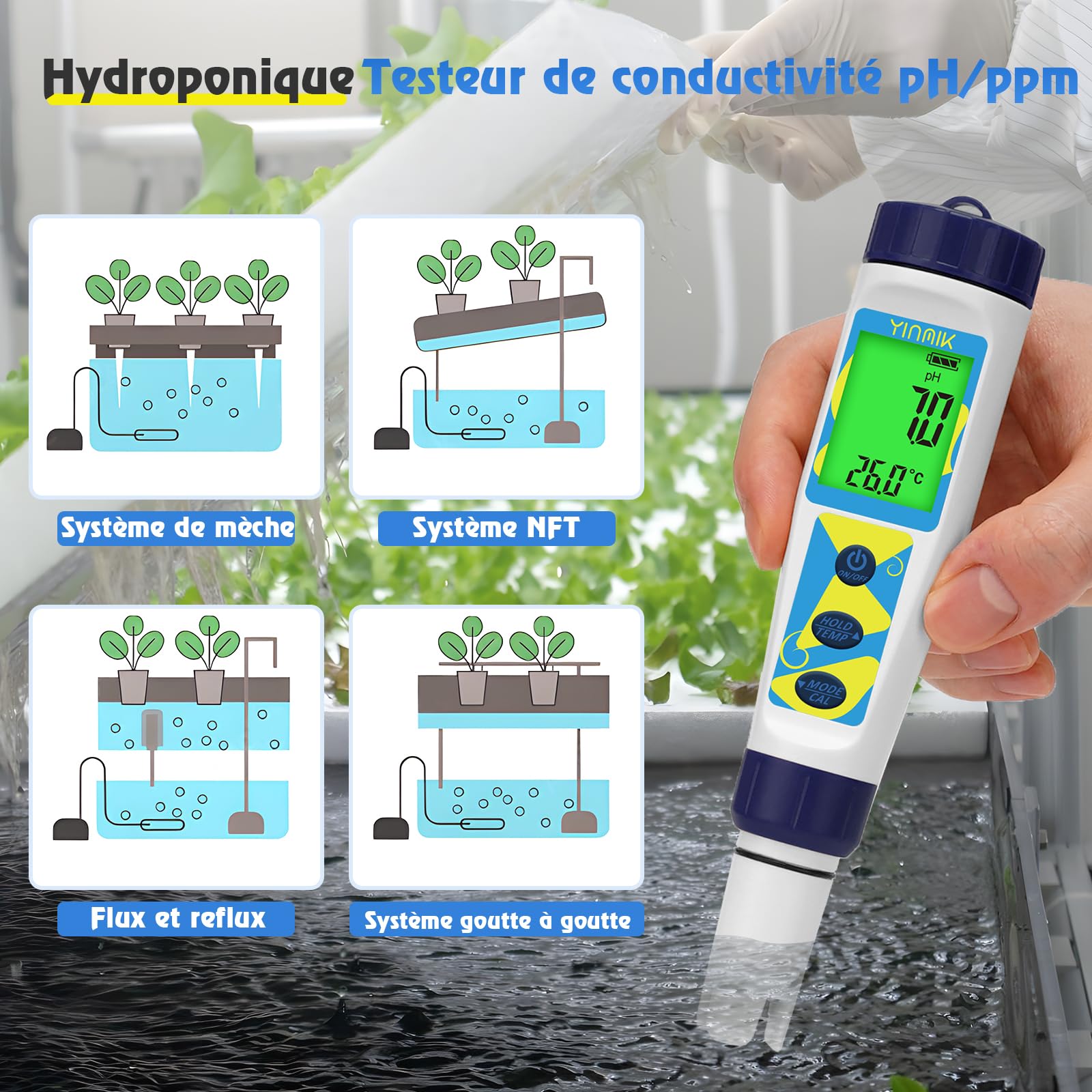 YINMIK Testeur de pH Salinité Numérique, Testeur électronique de pH, Testeur de pH Portable pour piscines d'eau de mer, convient aux piscines, aquariums, cultures hydroponiques, eau potable, etc.