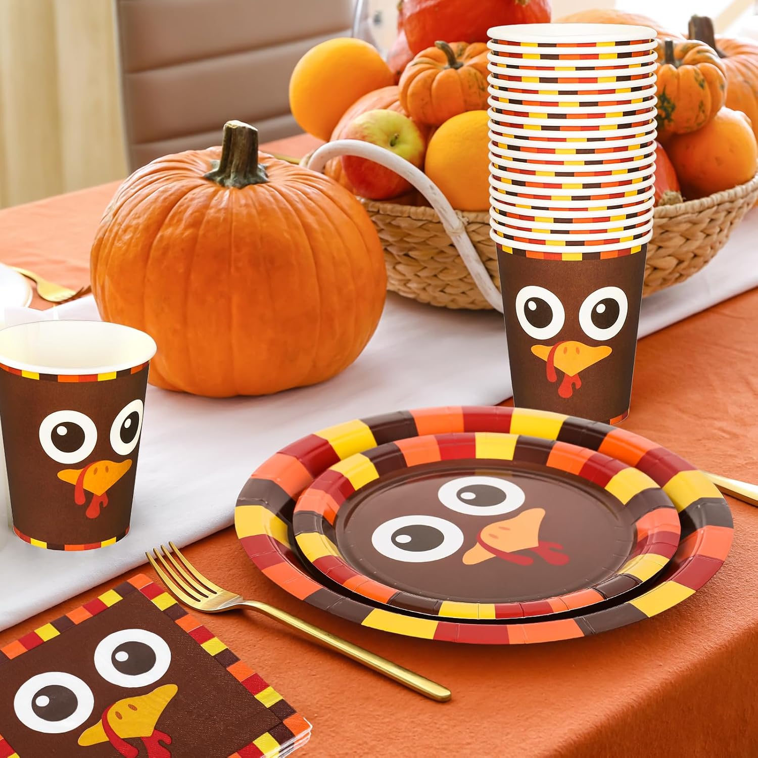 Whaline 96Pcs Thanksgiving Turkey Tableware Set Funny Turkey Face Disposable Party Supplies Fall Paper Plates Napkins and Cups for 24 Guests Autumn Harvest Table Decor