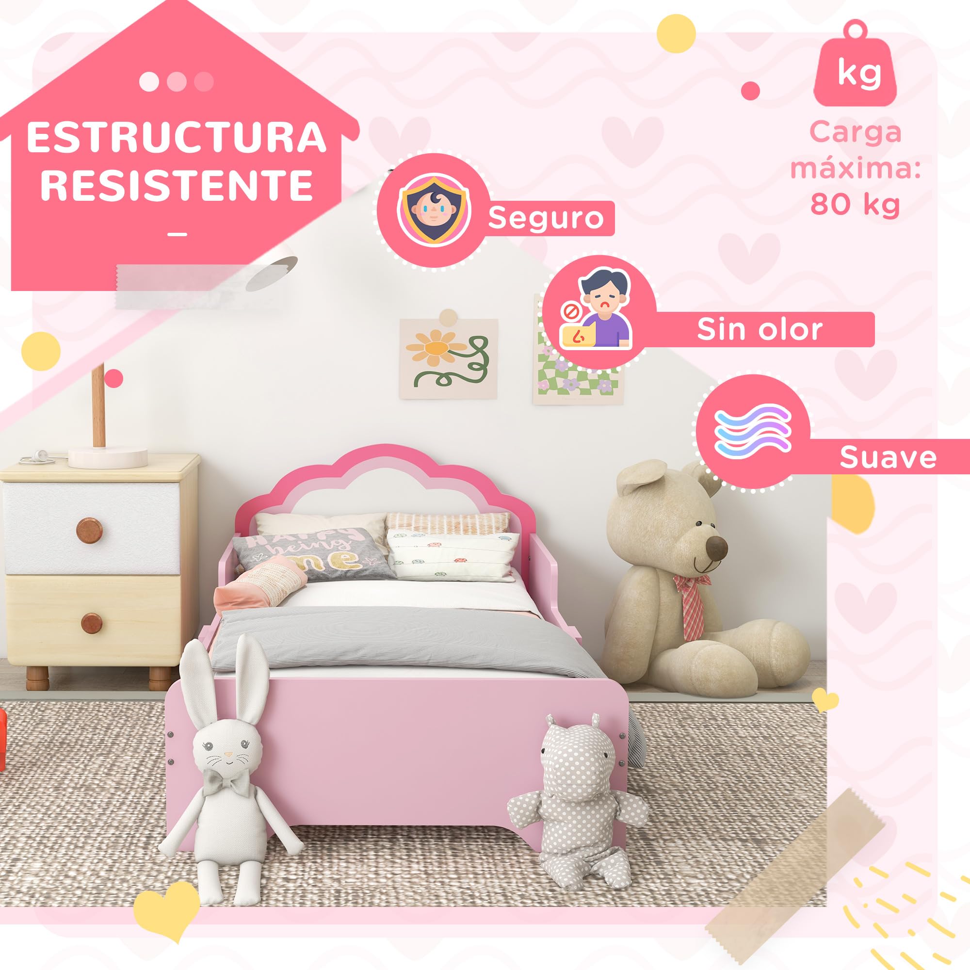 ZONEKIZ Cama Infantil 70x140 cm, Cama para Niños con Barrera Anticaídas y Somier, Cabecero en Forma de Nube, Rosa