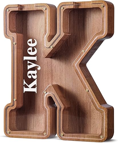 Miniatura 447 de SummiDate Alcancía de madera con nombre, niños y niñas, tamaño grande, letras alfabeto A-Z, monedas y billetes, inicial en cubierta transparente