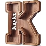 Summidate Customized Name Large Wooden Piggy Bank for Kids Boys Girls Alphabets Letter A-Z Coins Bills Money Change Bank Box Initial on Clear Cover (Laser Engraved) (Alphabet-K, Personalized-12)