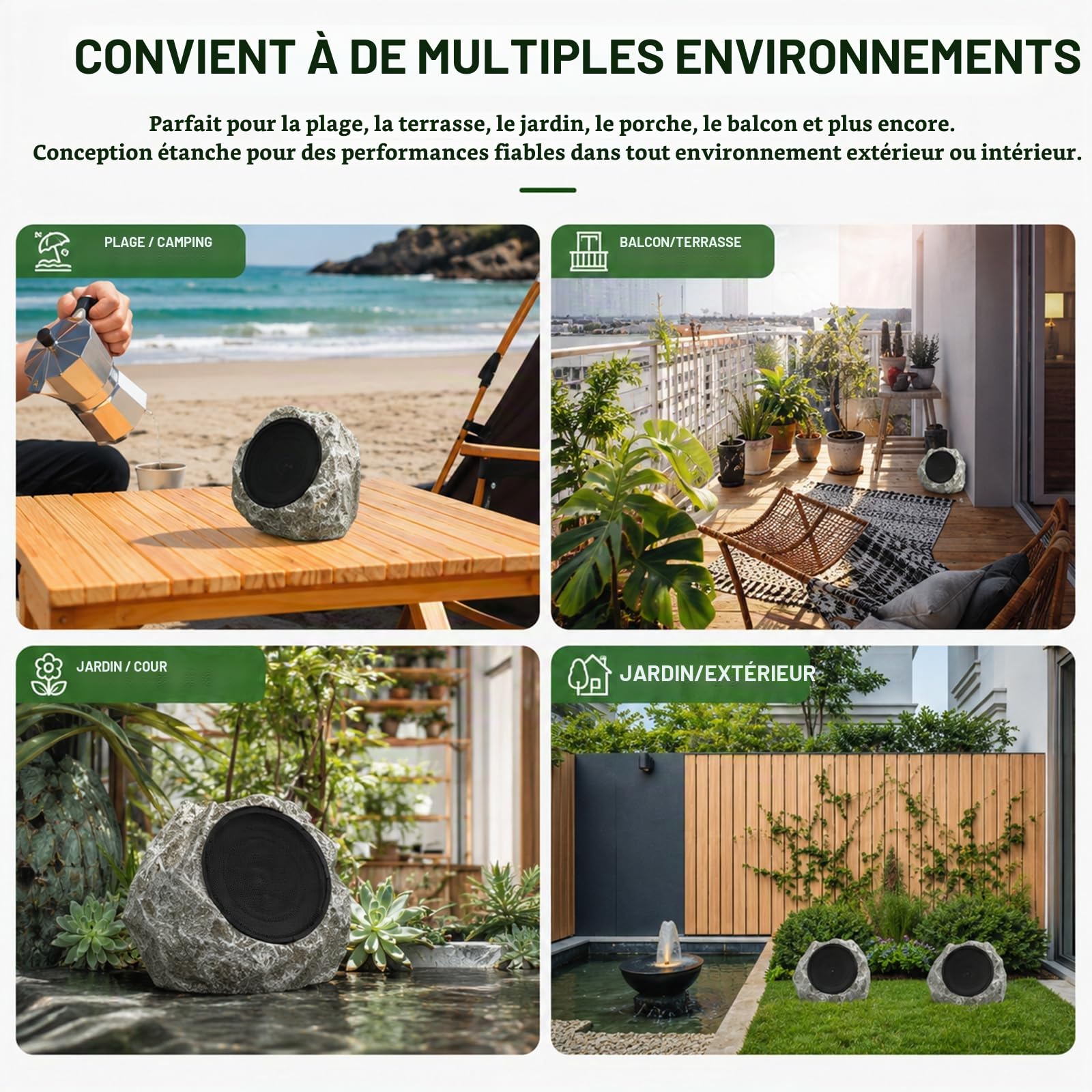 Enceintes Bluetooth étanches énergie Solaire extérieur, Gris | Rechargeable solaire et USB, Design pierre réaliste, Audio basses profondes, Pour jardin, terrasse, cour, pelouse