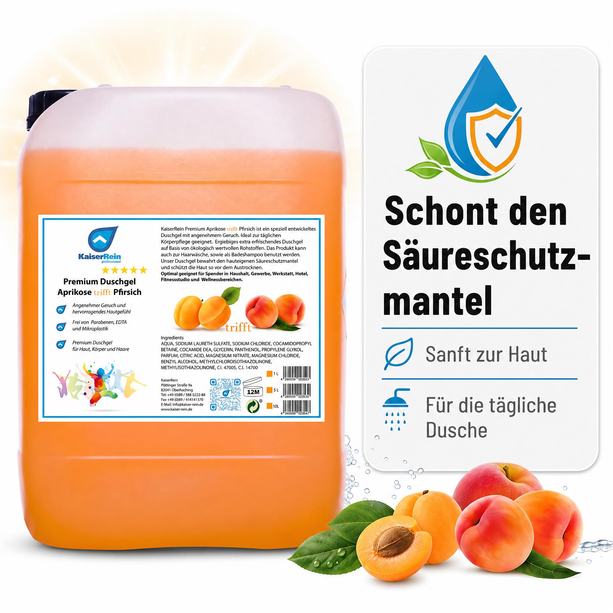 KaiserRein Duschgel Aprikose-Pfirsich, 10 L Nachfüllkanister, 3-in-1 Duschgel Shampoo Badezusatz, für Spender, fruchtiger Duft, mikroplastikfrei, ohne Parabene & EDTA