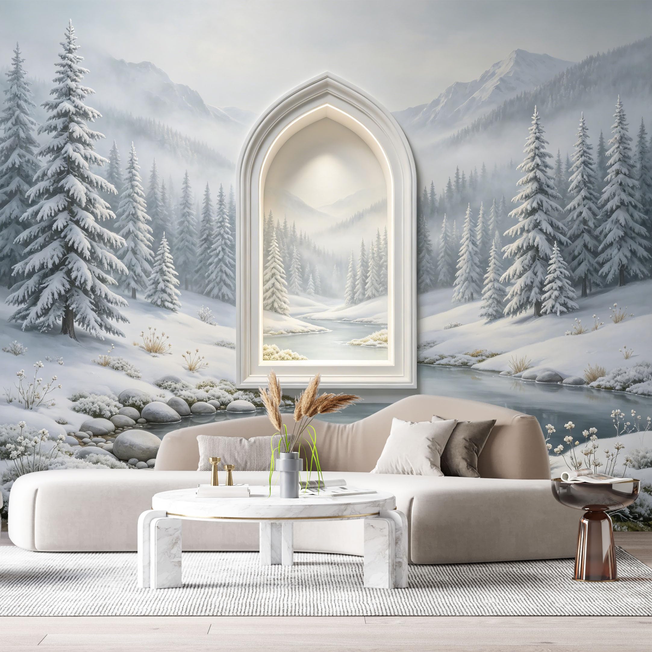 Custom Size Wall Murals Winter Mountain Lake Pine Tree 3D Trompe L'Oeil SelfAdhesiveWall Fabric Removable Wallpaper Wall Decor for Living Room Bedroom Bathroom