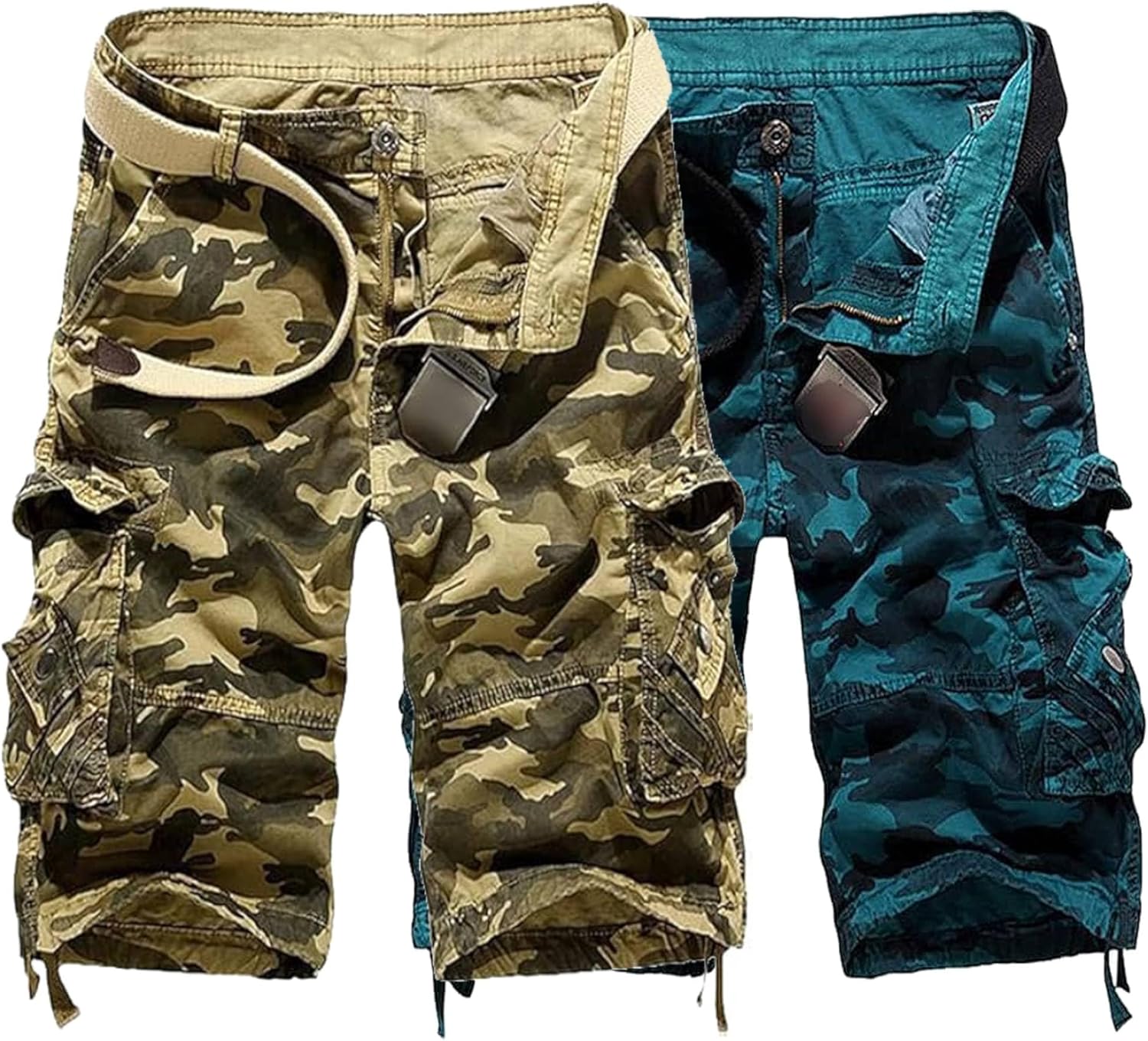Men's Casual Cotton Camouflage Cargo Shorts Lightweight Multi Pocket Hiking Shorts Knee Length Camo Pant No Belt