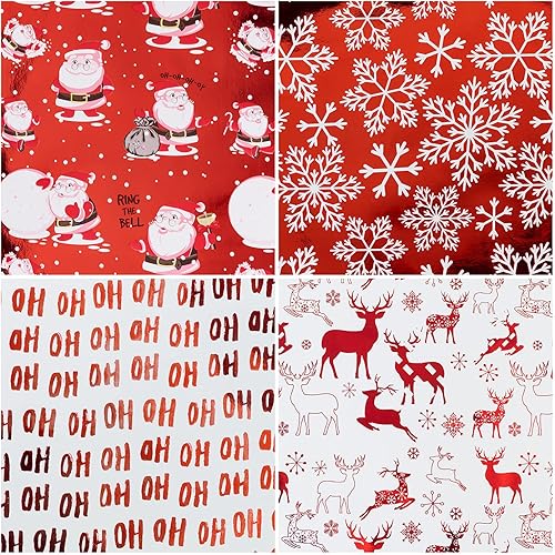Miniatura 6 de RUSPEPA - Papel para envolver regalos de Navidad, papel rojo y blanco con hoja metálica brillante, colección de elementos navideños, 4 rollos de 30