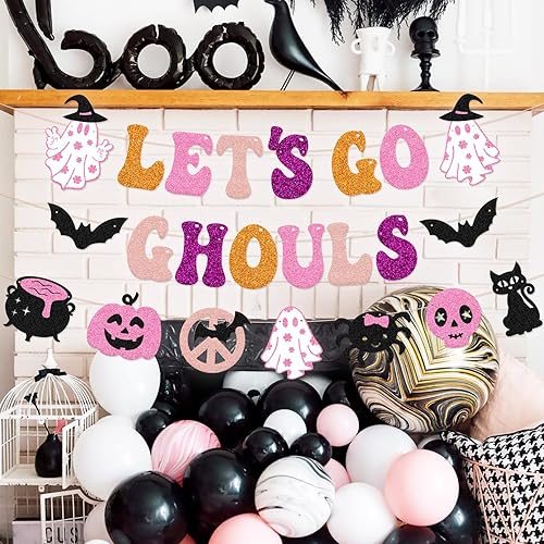 Miniatura 7 de Cartel de Let's Go Ghouls Hippie Decoración de fiesta de Halloween, guirnalda retro Groovy de Halloween, fantasma, murciélagos, calabaza, calavera,
