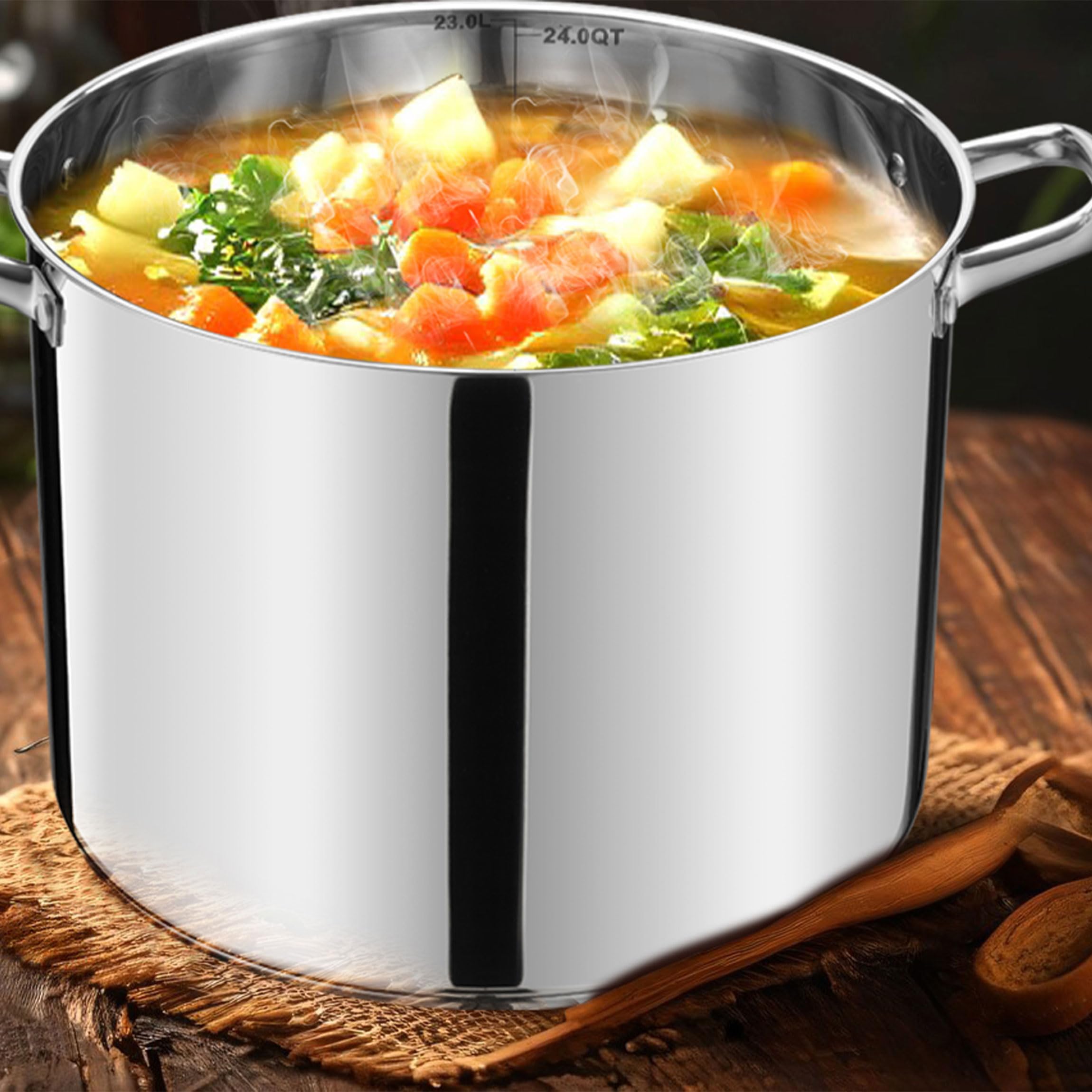LIANYU Großer Suppentopf aus Edelstahl, 24 QT, robuster Suppentopf mit Glasdeckel, tiefer klassischer Suppentopf zum Kochen, Schmoren, Köcheln, dicker, dreilagiger Boden und kühlbleibender Griff