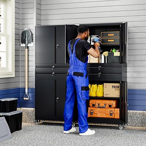 Miniatura 9 de Yizosh Armario de almacenamiento de metal para garaje con puertas de bloqueo y estantes ajustables, armario de almacenamiento de herramientas